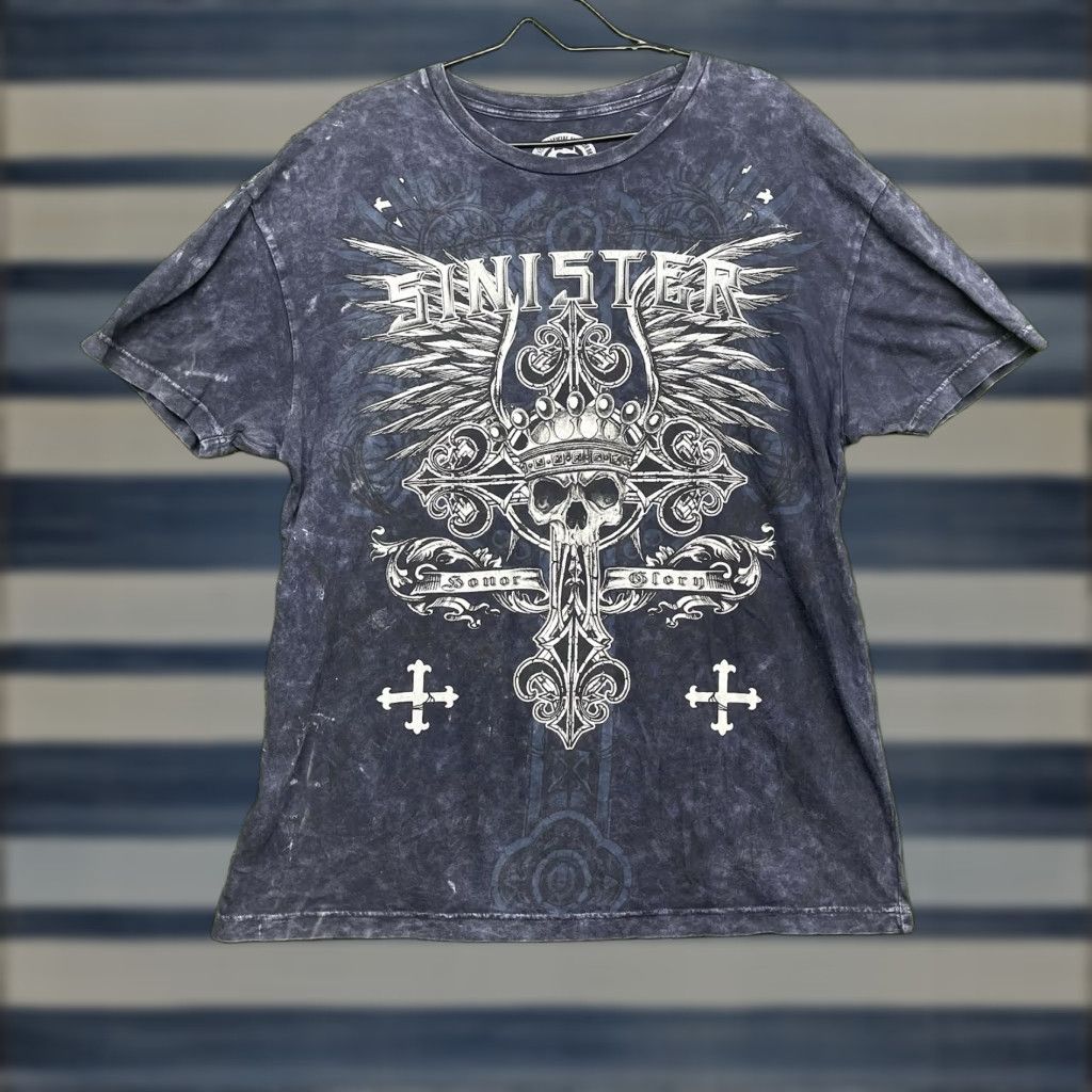 Vintage VINTAGE Sinister Gildan Heavy Cotton T-Shirt Cross Wing 90s Y2K Mens XL Blue Skull Graphic Print Medium Fans Size US XL / EU 56 / 4 - 1 Thumbnail