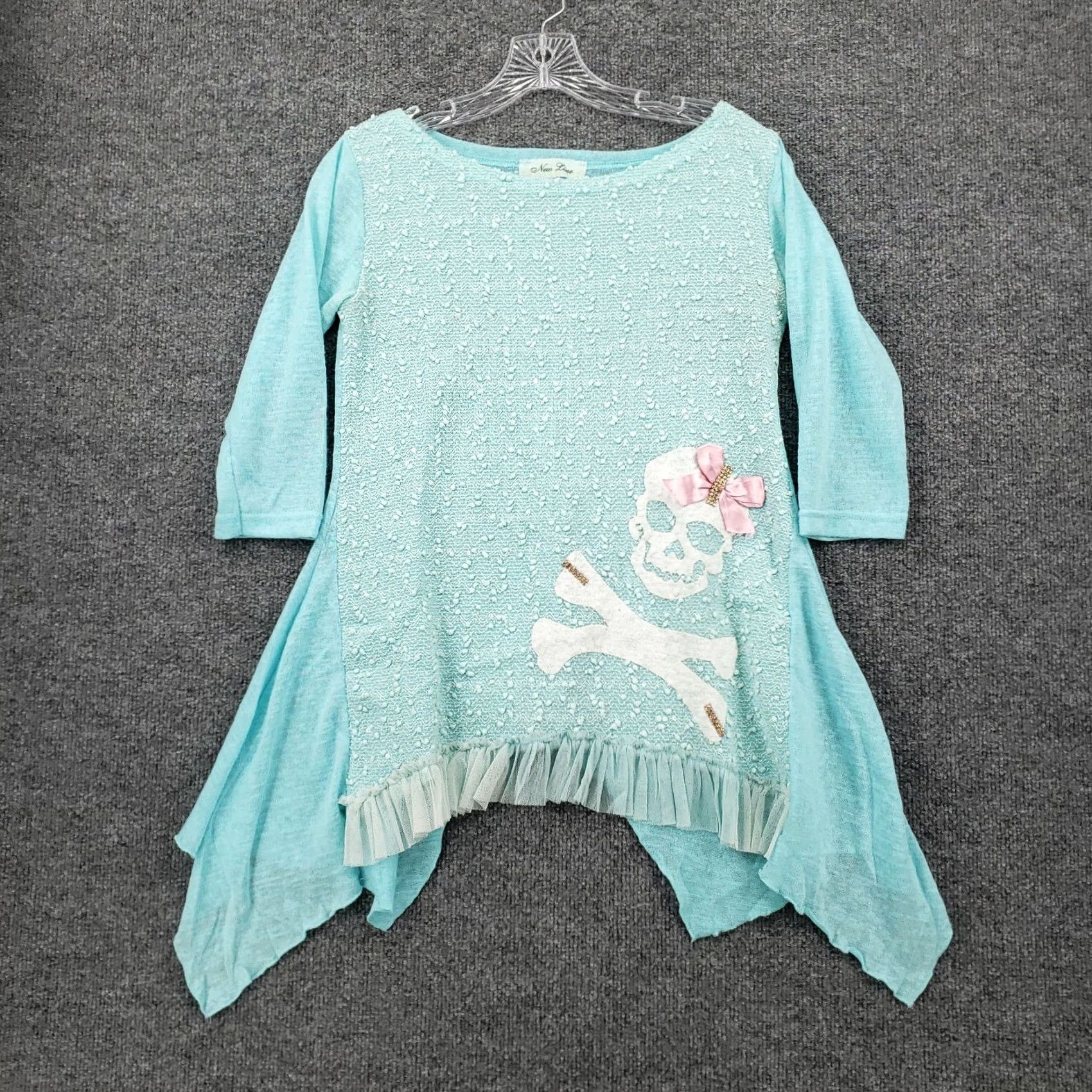 Vintage New Line Blouse Shirt Womens M Blue 3/4 Sleeve Skull Lagenlook Rhinestone Sequin Casual Tie-Front Size M / US 6-8 / IT 42-44 - 2 Thumbnail