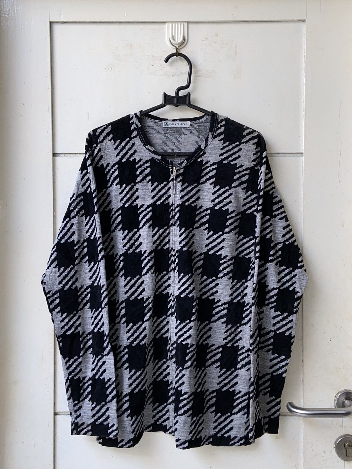 image of Yohji Yamamoto Workshop Black Plaid Zipper T-Shirt, Men's (Size Medium)