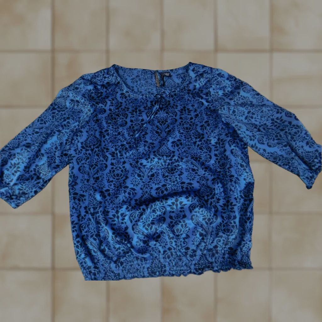 Vintage Ashley Judd Womens Blouse XL Blue Floral Crew Neck Pullover Stretch Long Sleeve Regular Fit Button Polyester Size XL / US 12-14 / IT 48-50 - 1 Thumbnail