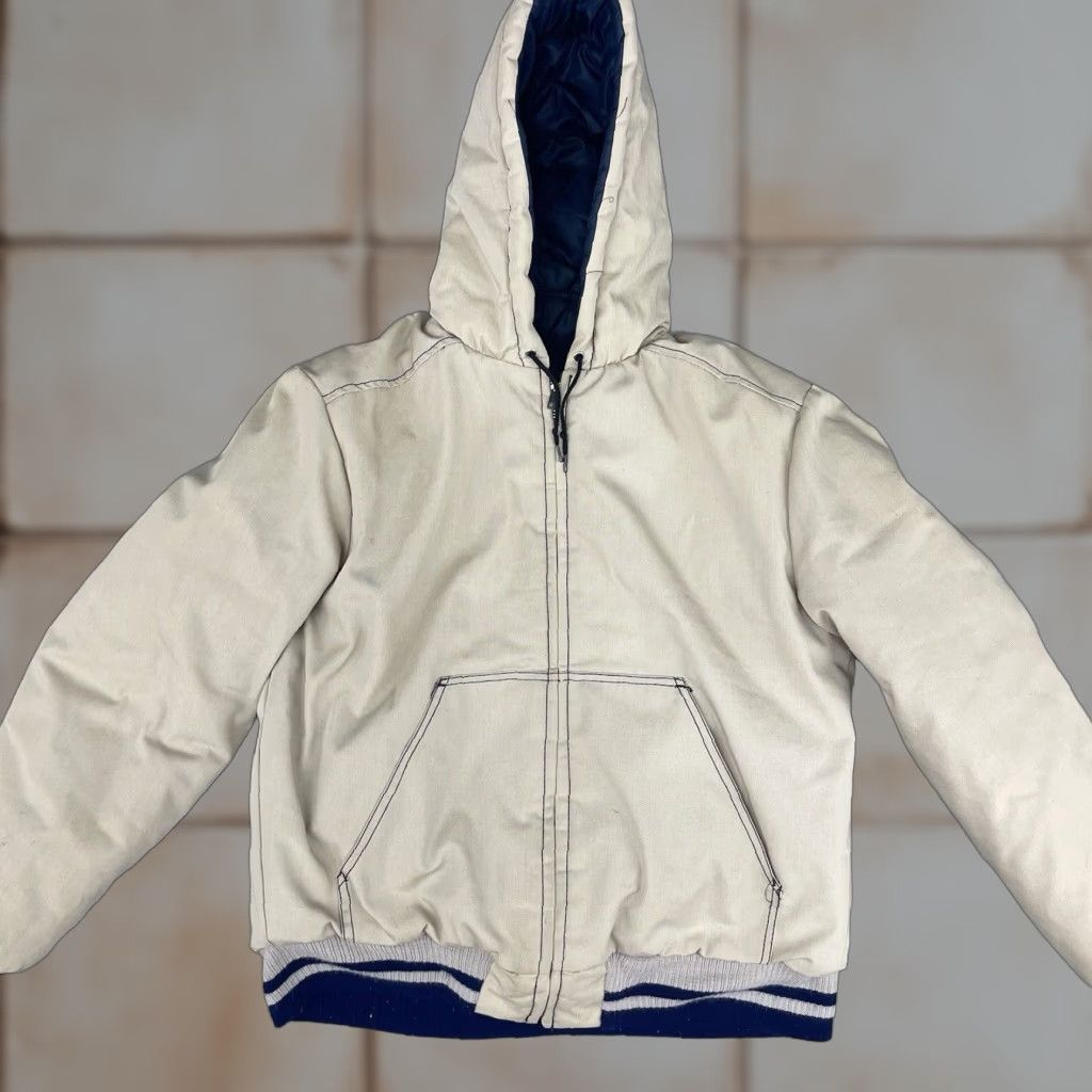 VINTAGE Sears Reversible Mens Hooded Jacket Casual Puffer Beige Blue M