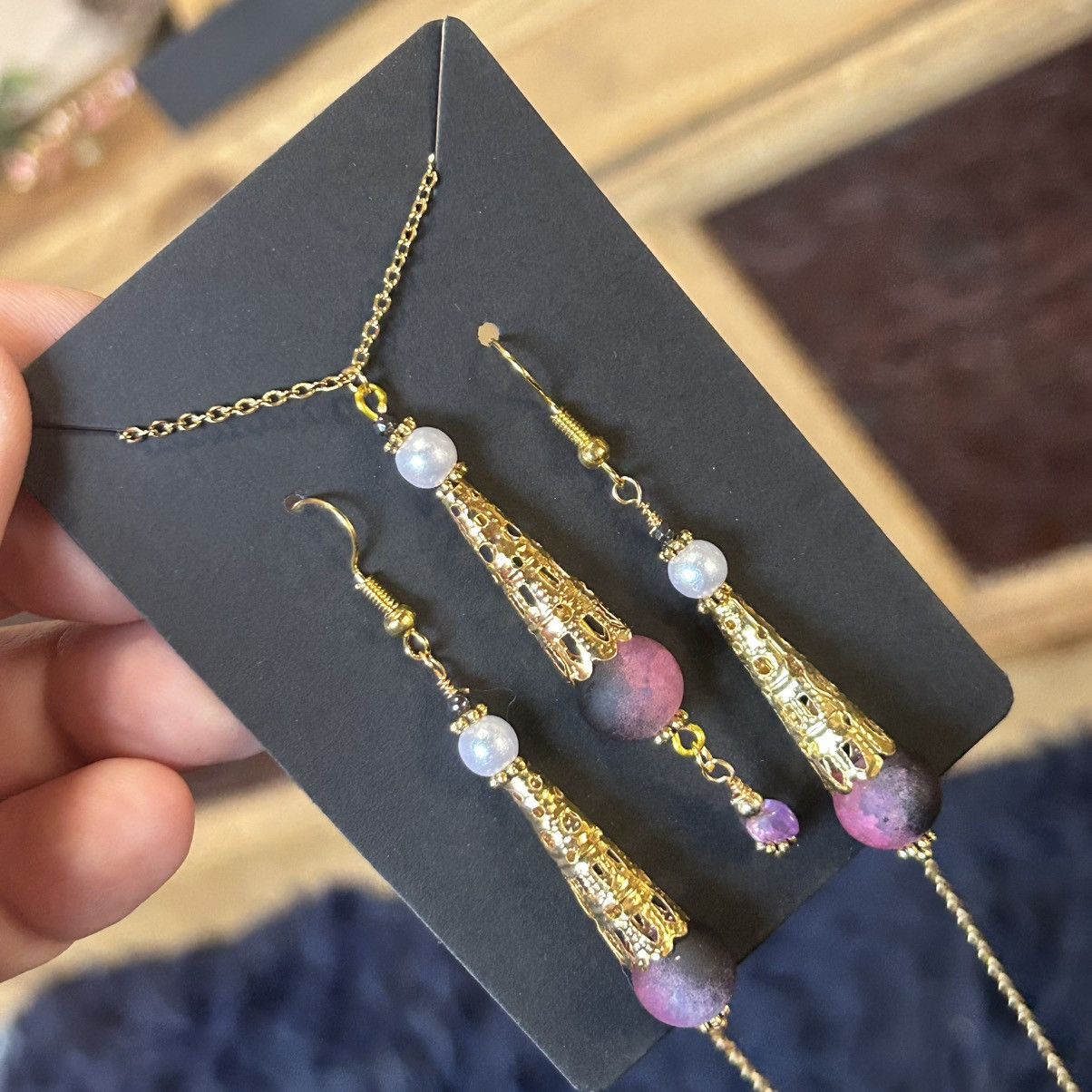 Handmade Handcrafted crackle glass amethyst gold filigree coil set Size ONE SIZE - 1 Thumbnail