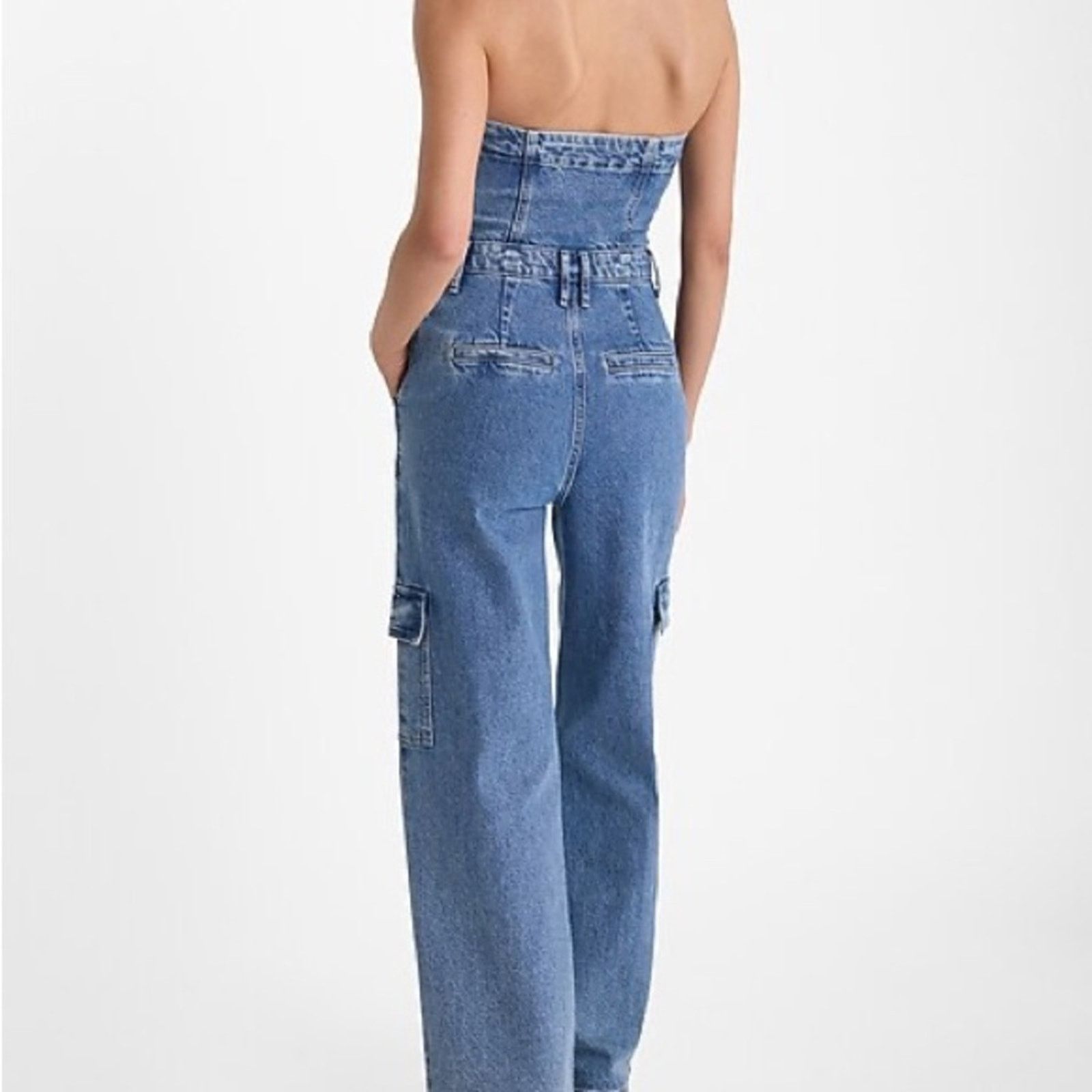 Express Express Strapless Wide Leg Cargo Denim Jumpsuit Womens 12 Size 34" / US 12 / IT 48 - 4 Thumbnail