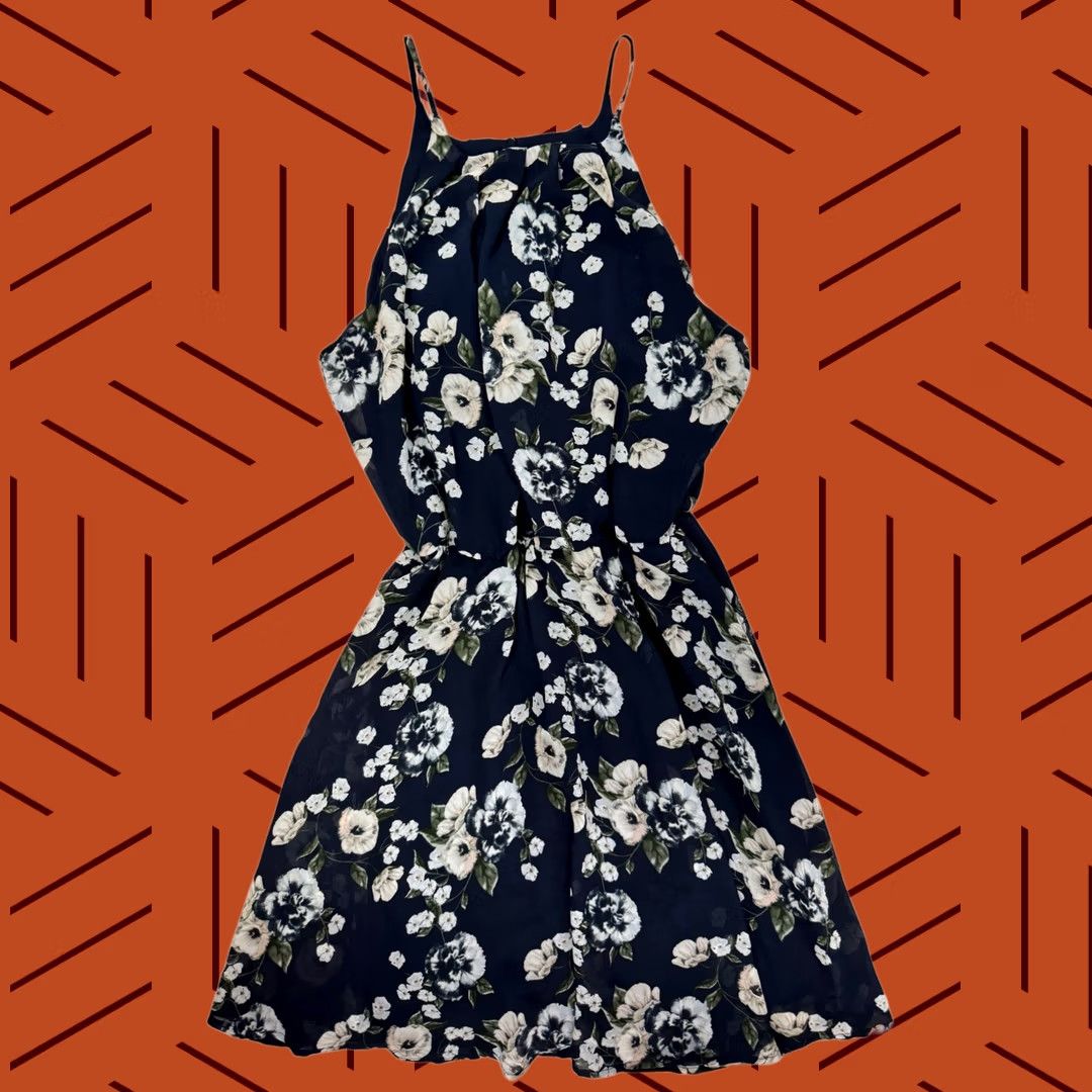 Vintage Blue Rain Women's Navy Blue Floral Halter Mini Dress Size S Spaghetti Strap Flower Sundress Size S / US 4 / IT 40 - 1 Thumbnail