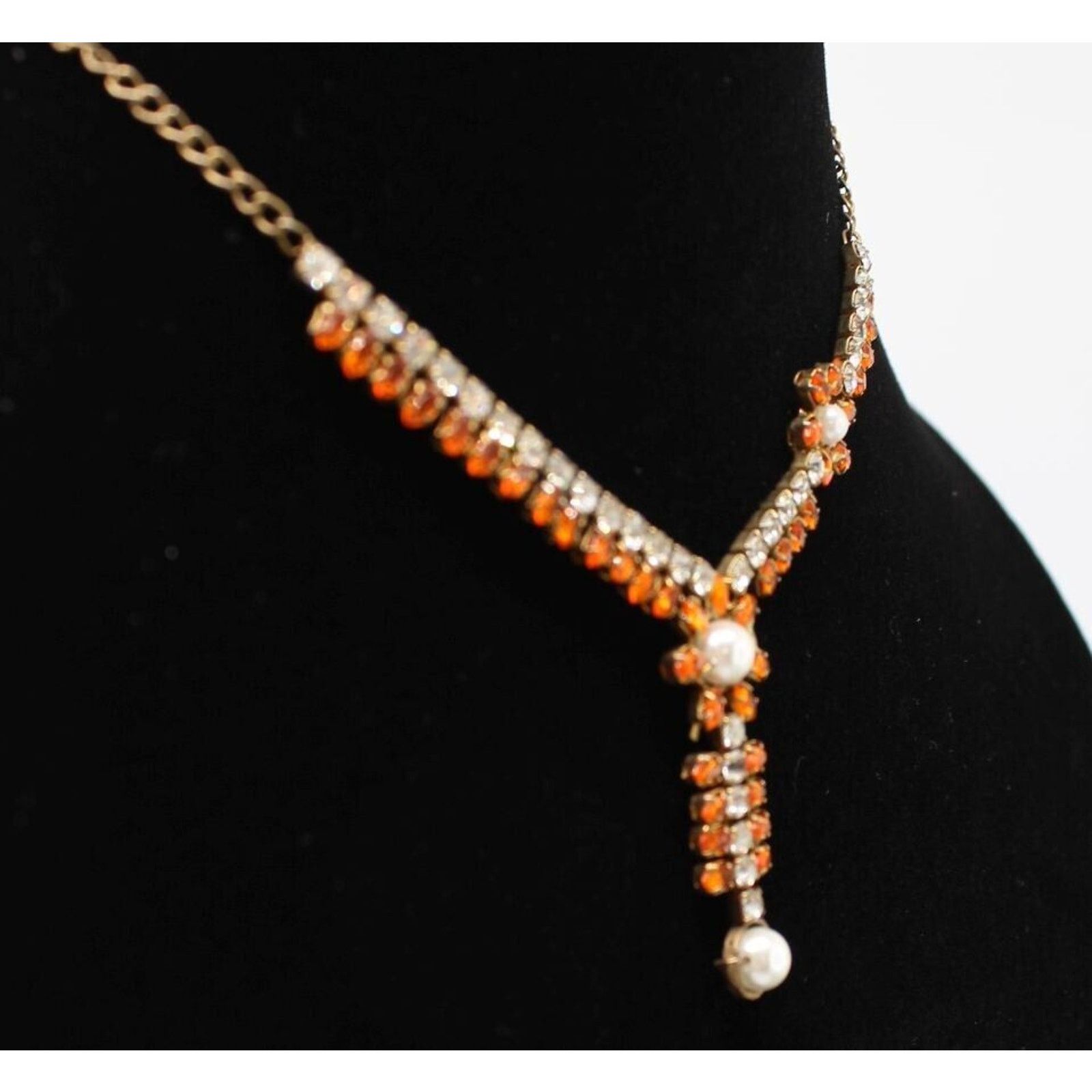 Other Vintage Orange Rhinestone Choker Necklace•Flowers Faux Pearl Size ONE SIZE - 2 Thumbnail