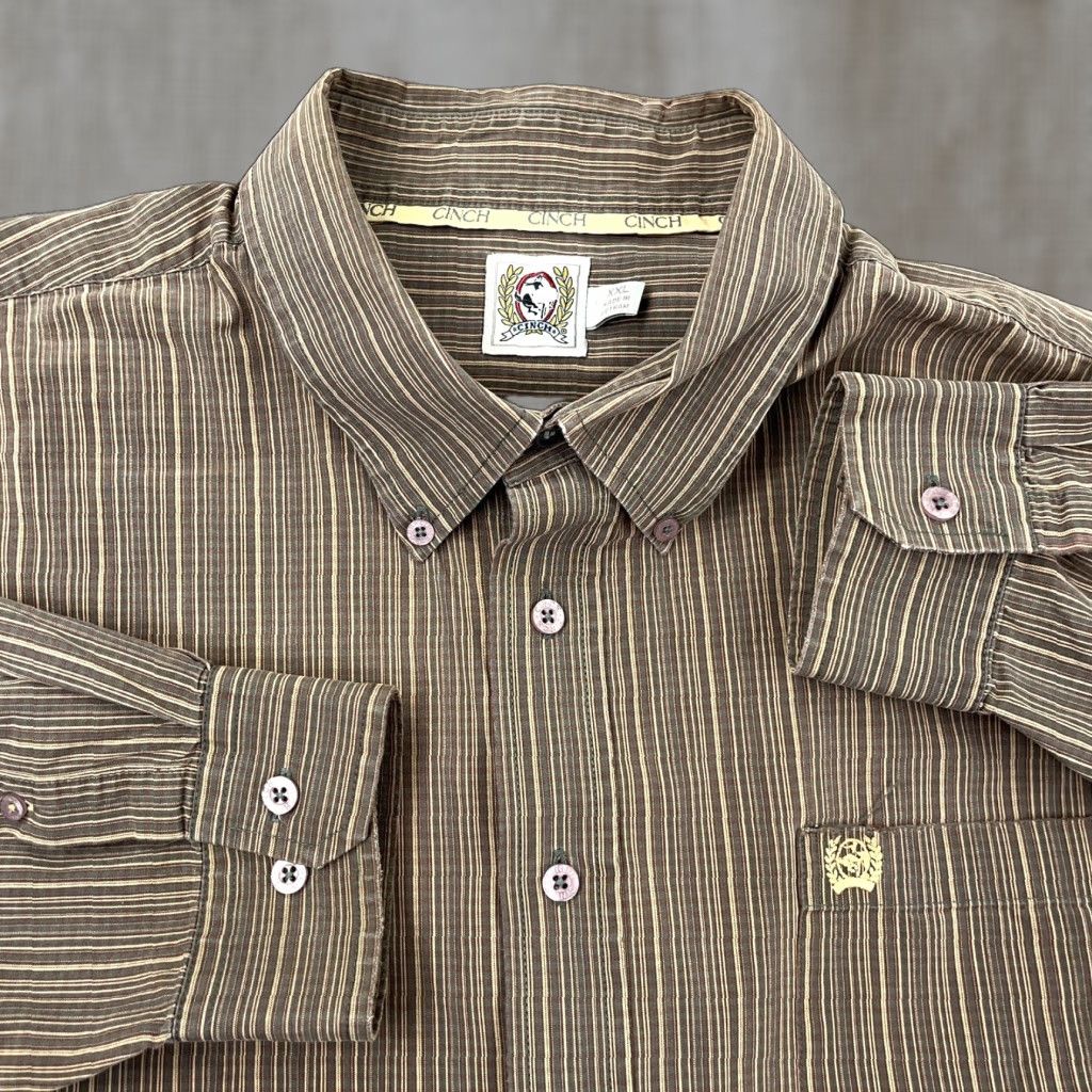 Vintage Cinch Shirt Men XXL 2XL Brown Striped Button Up Western Cowboy Pocket Dress Size 48R - 1 Thumbnail