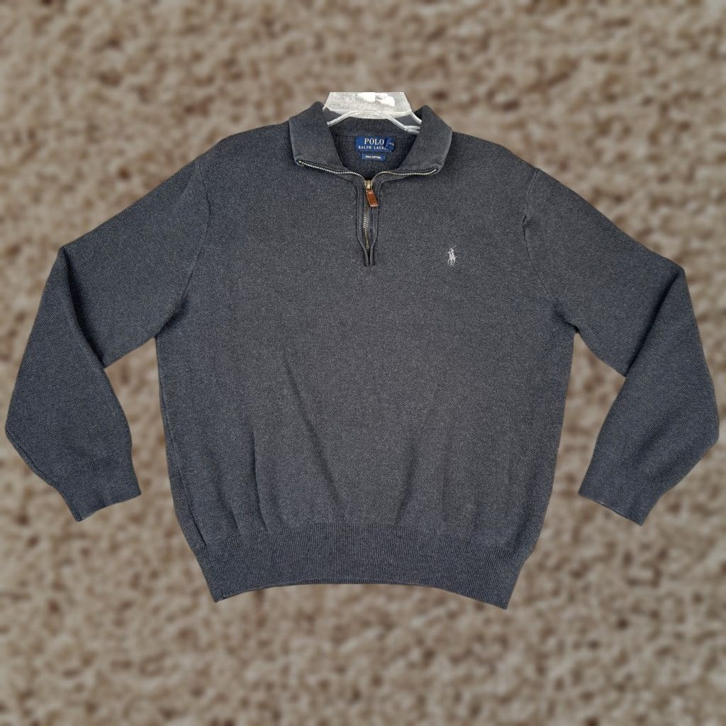 Polo Ralph Lauren Polo Ralph Lauren Sweater Men XL Gray 1/4 Zip Mock Neck Cotton Blend Logo Embroidered Pullover Casual Business Winter Fall Spring All Seasons Mens Size US XL / EU 56 / 4 - 1 Thumbnail