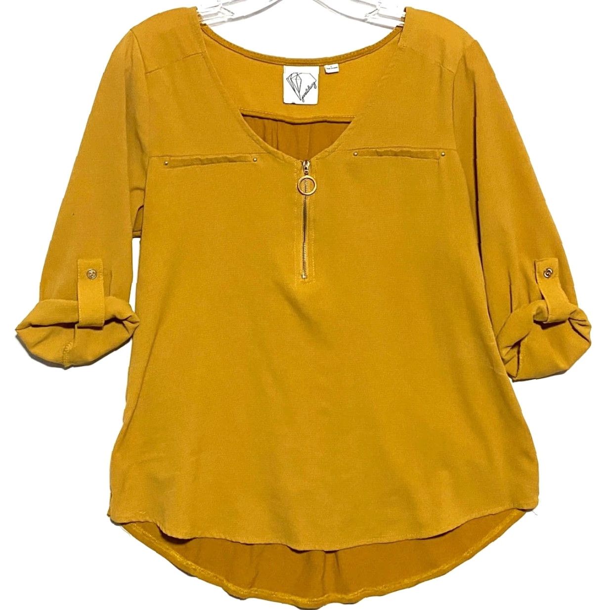Vintage VINTAGE Janet Chung Mustard Yellow Blouse Top L Roll Tab Zip Neck Career Flowy Boho Fall Mens? Size L / US 10 / IT 46 - 2 Thumbnail
