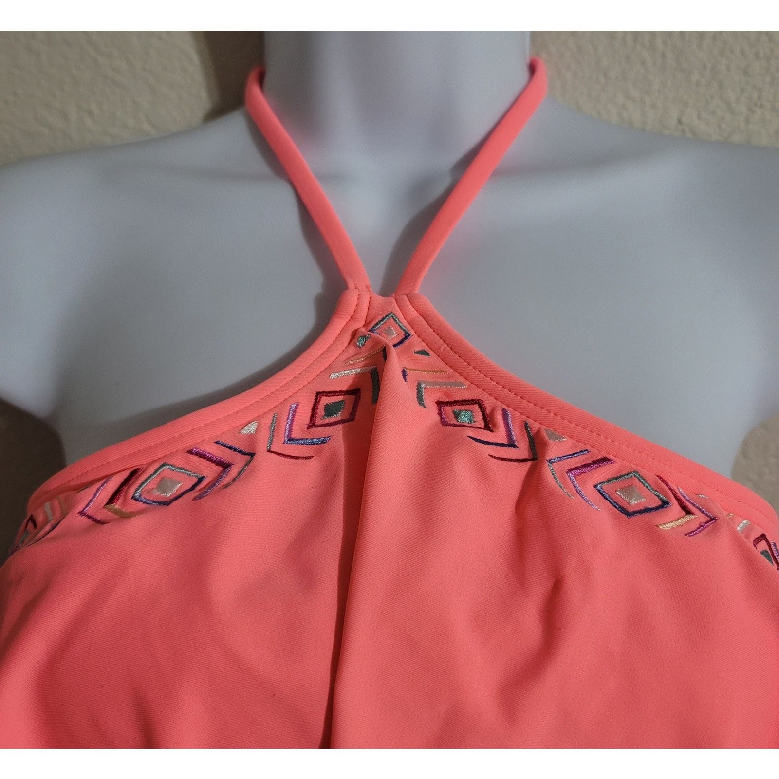 Other SO Bright Orange Embroidered Halter Bikini Top Small Padded Size ONE SIZE - 5 Thumbnail