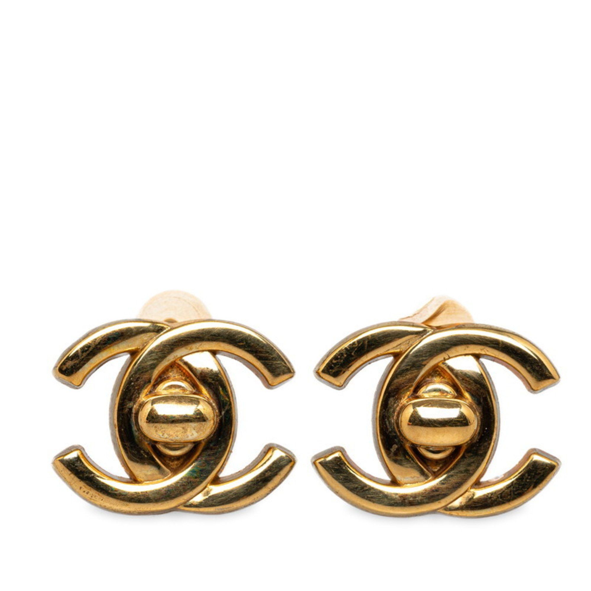 image of Chanel Coco Mark Turnlock Motif Earrings Gold Plated Women's Chanel