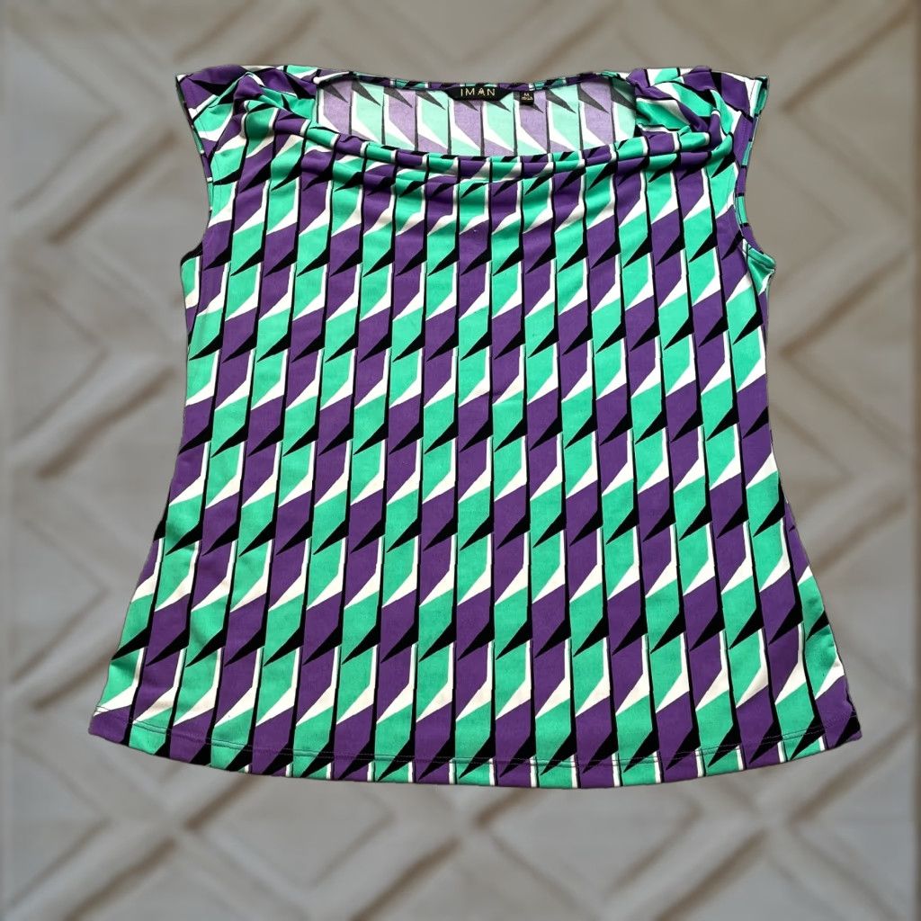 Vintage Iman Tank Top Blouse Womens M Green Purple Geo Stretch Sleeveless Ladies Size M / US 6-8 / IT 42-44 - 1 Thumbnail