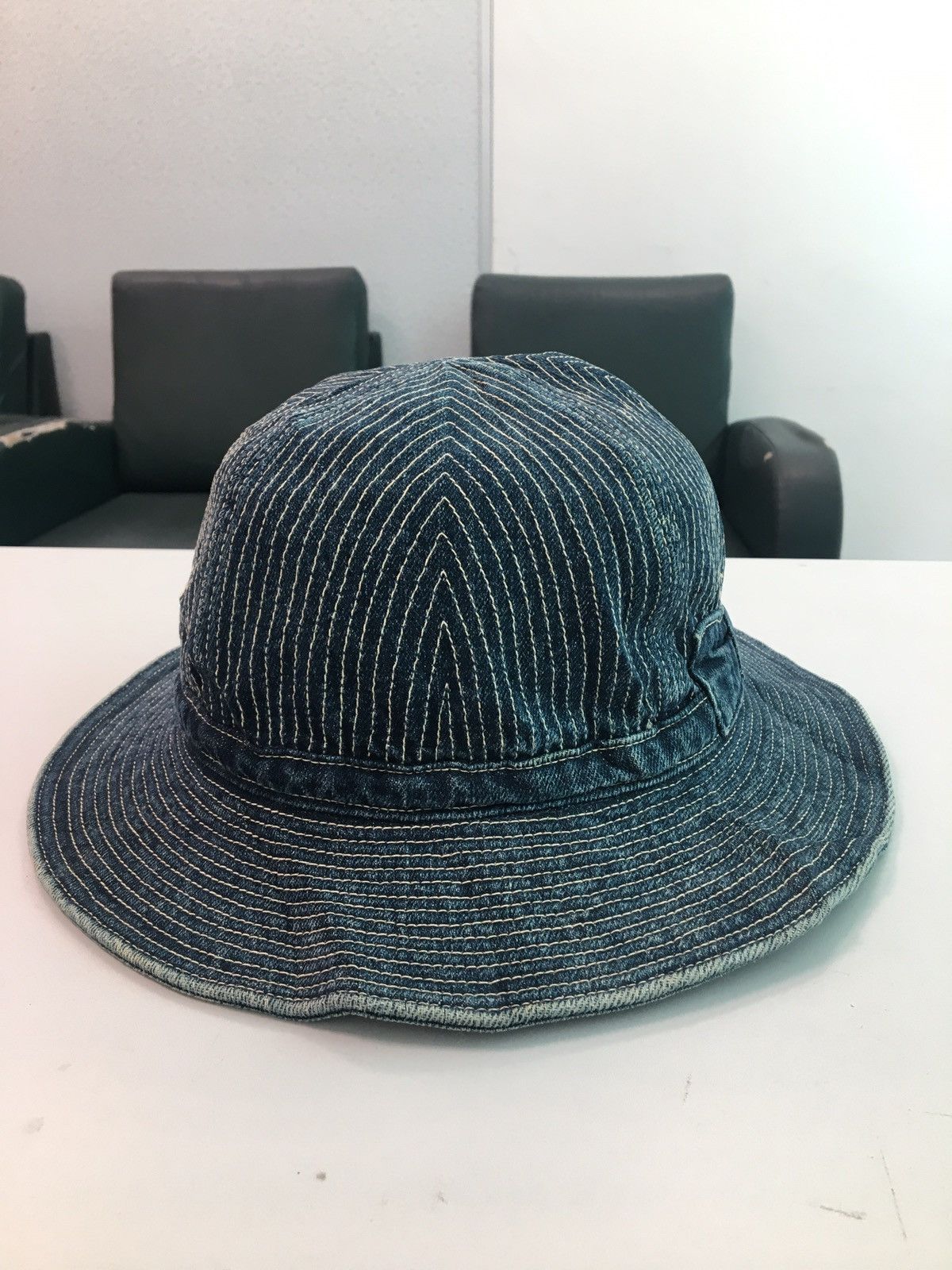 image of Distressed Denim x Kapital Boro Style Denim Bucket Hat in Blue, Men's