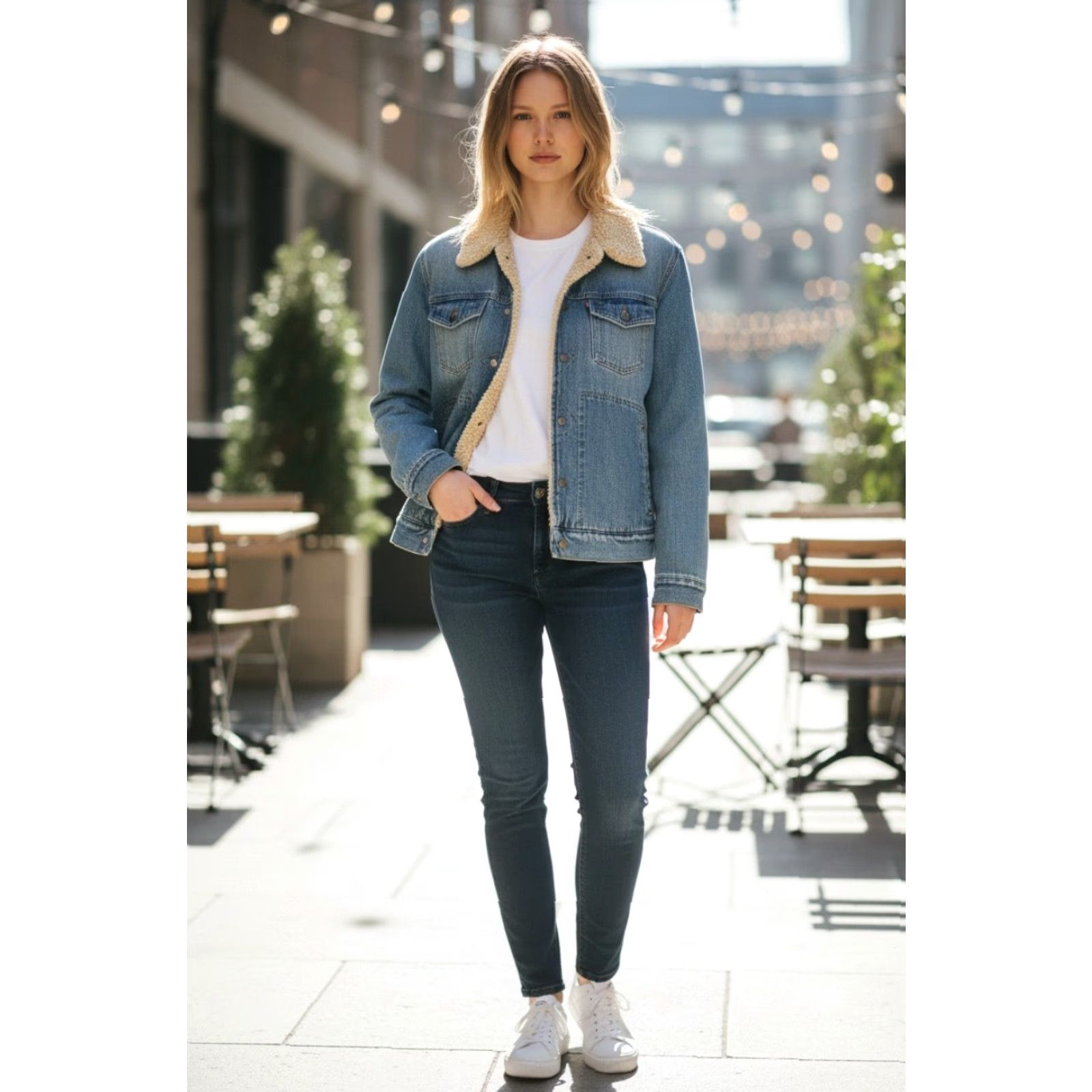 American Eagle Outfitters VINTAGE American Eagle Denim Jacket Womens M Blue Sherpa Lined 90s Trucker Snap Bomber Jacket Size M / US 6-8 / IT 42-44 - 2 Thumbnail