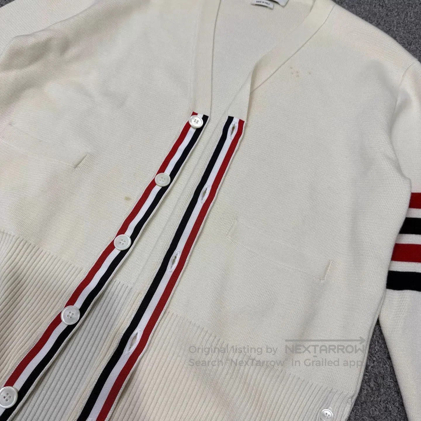 Thom Browne White V-Neck Cardigan with Striped Trim and Pockets. Size US M / EU 48-50 / 2 - 3 Thumbnail
