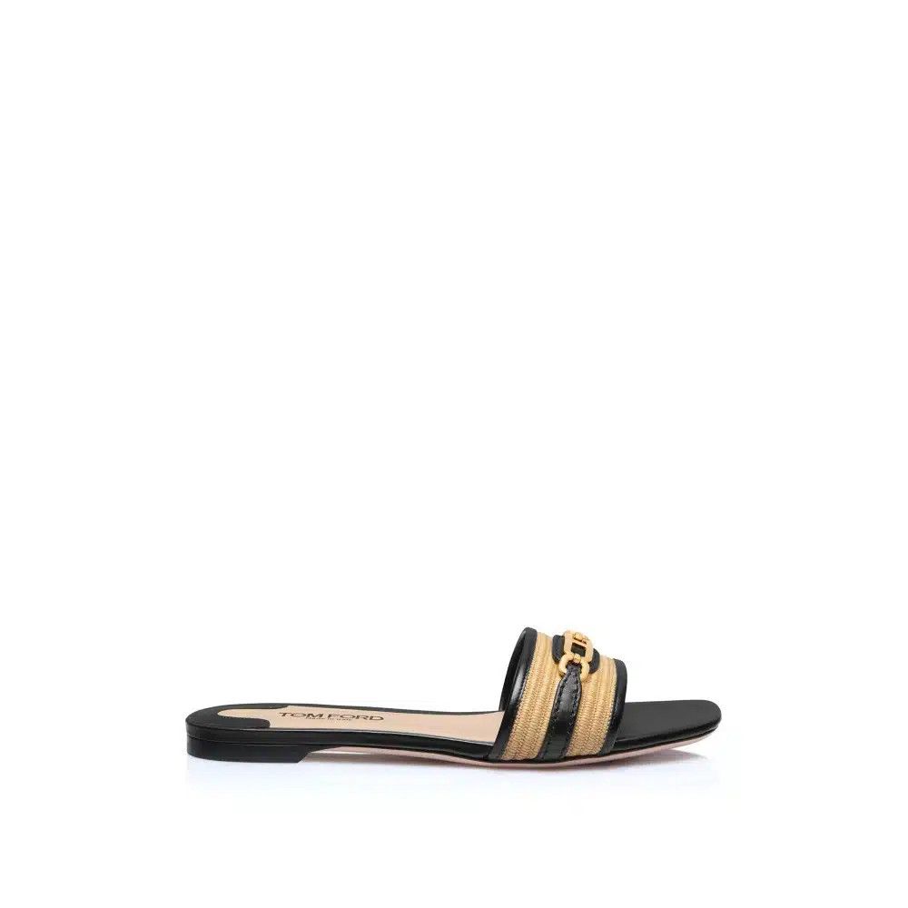 Tom Ford o1loc1c0925 W3523 Leather & Raffia Slides in Black/Beige Size US 9 / IT 39 - 1 Thumbnail