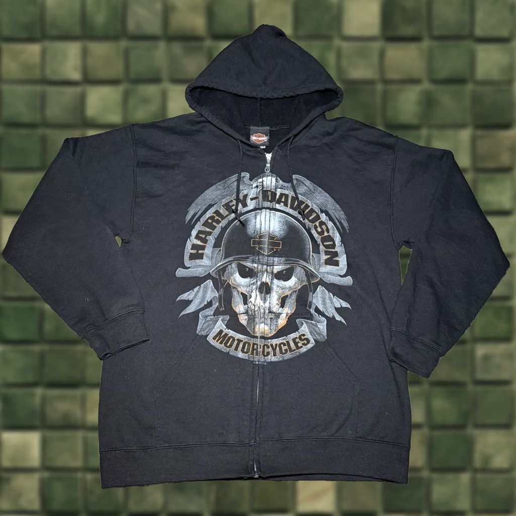 Harley Davidson VINTAGE Harley-Davidson Hoodie Men Full Zip Skull Graphic Print Black Eagle Wisconsin M Black/Hooded Size US M / EU 48-50 / 2 - 1 Thumbnail