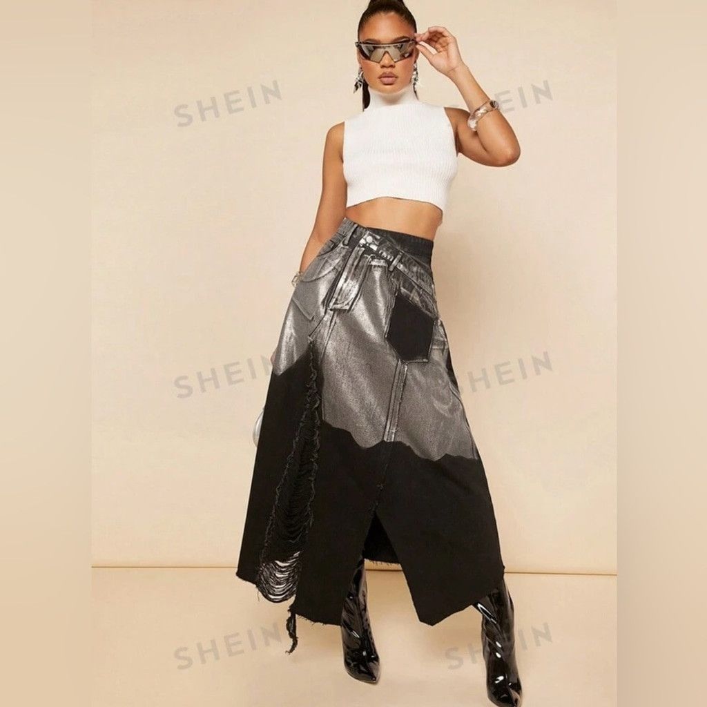 Other Ripped Asymmetrical Hem Denim Skirt Black & Silver Size 8 Size 30" / US 8 / IT 44 - 5 Thumbnail
