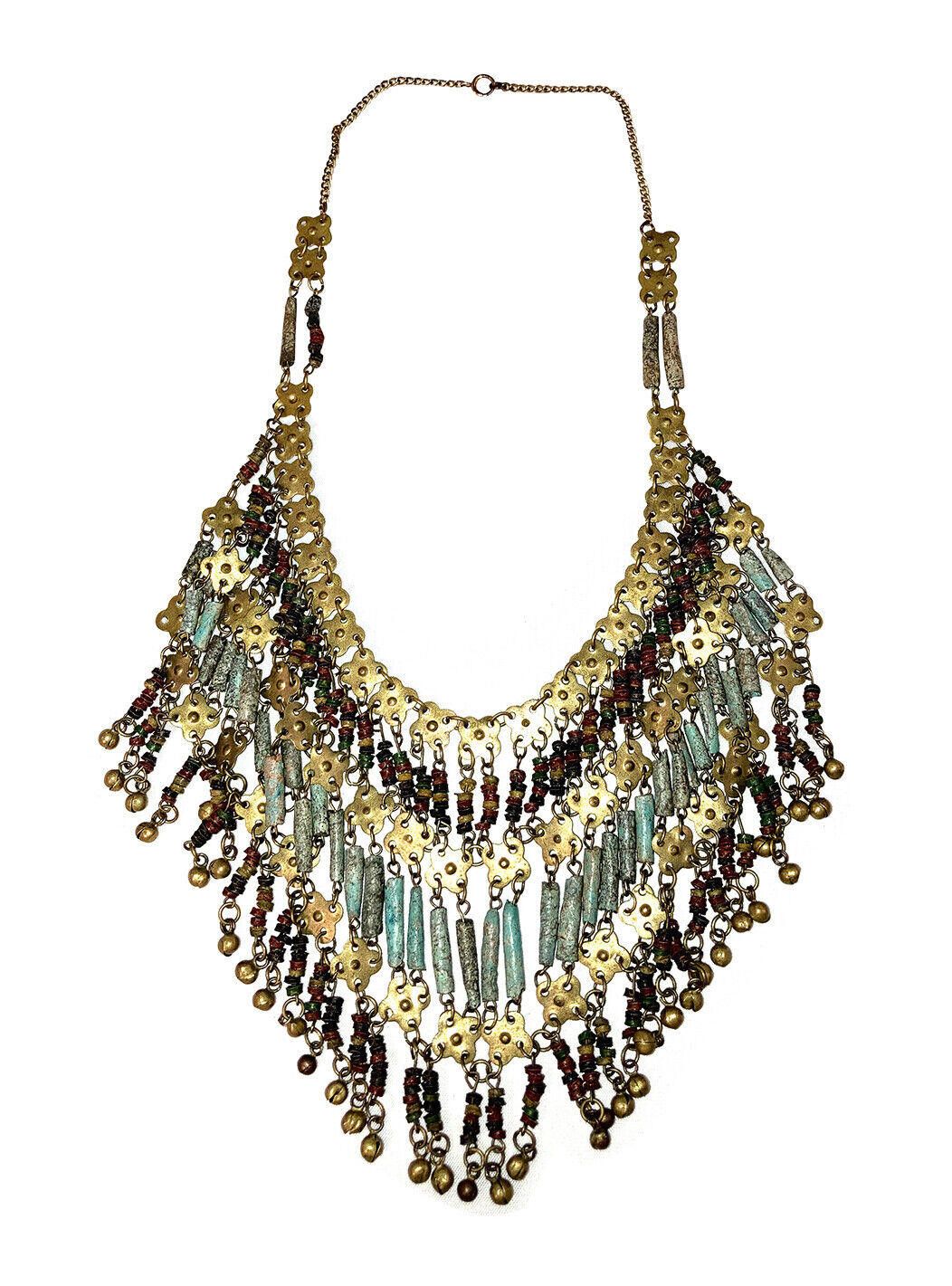 Designer Egyptian Revival Hand Made Brass Faience Bead Necklace Size ONE SIZE - 3 Thumbnail