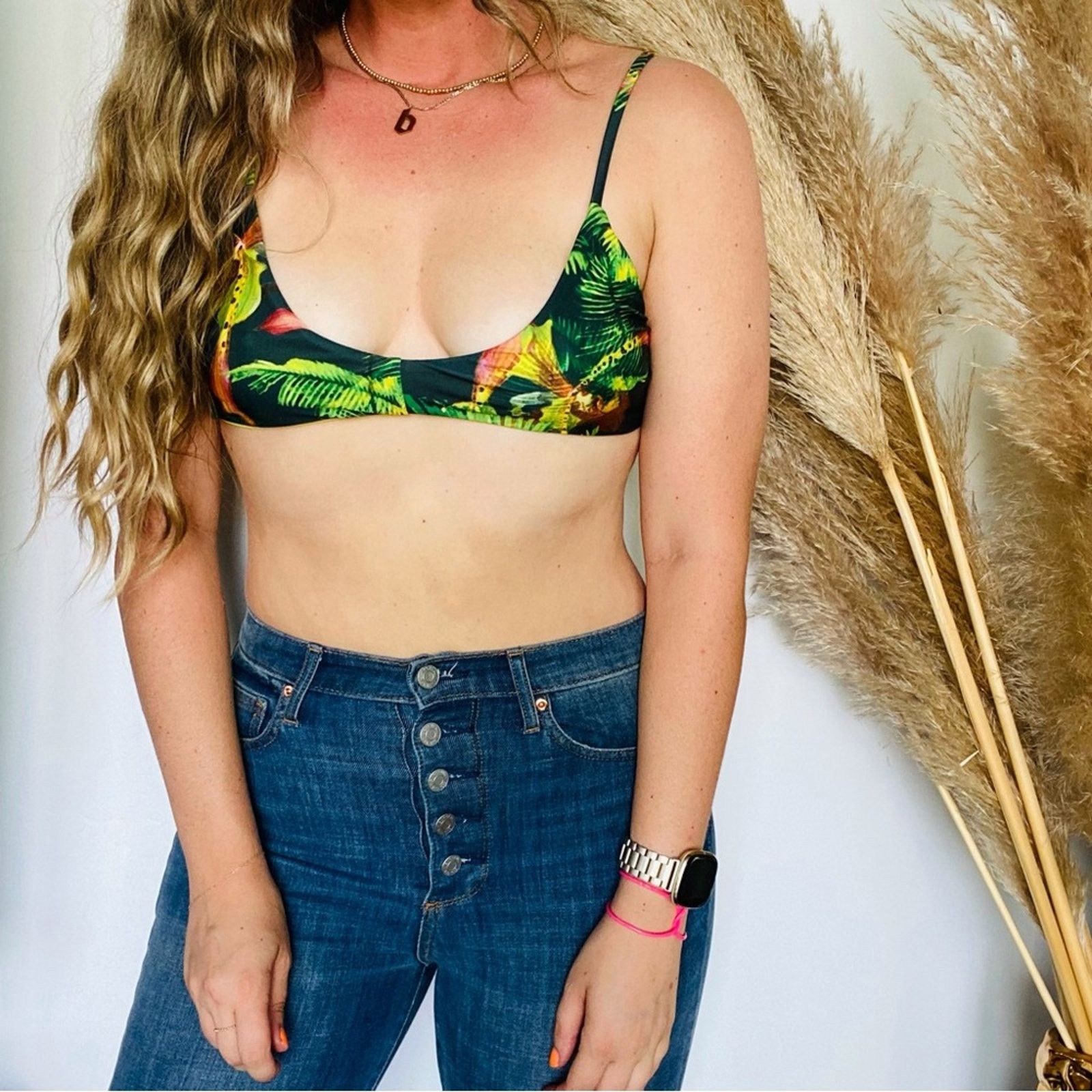 Beach Riot BEACH RIOT Green Blue Black Tropical Print Bikini Swim Top Size L / US 10 / IT 46 - 9 Thumbnail