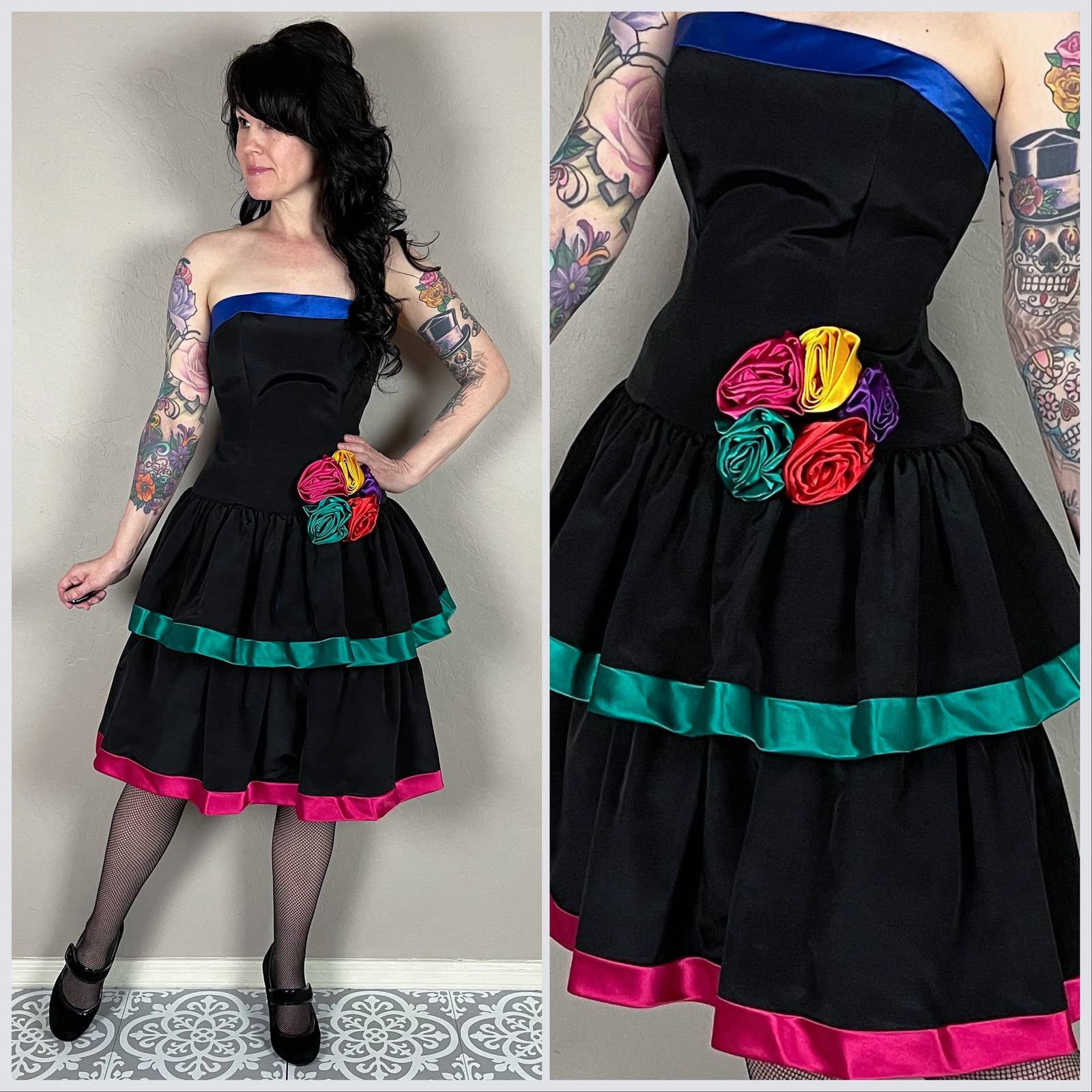 image of Vintage 1990S Black Strapless Tiered Ruffle Prom Dress, Women's (Size XS)