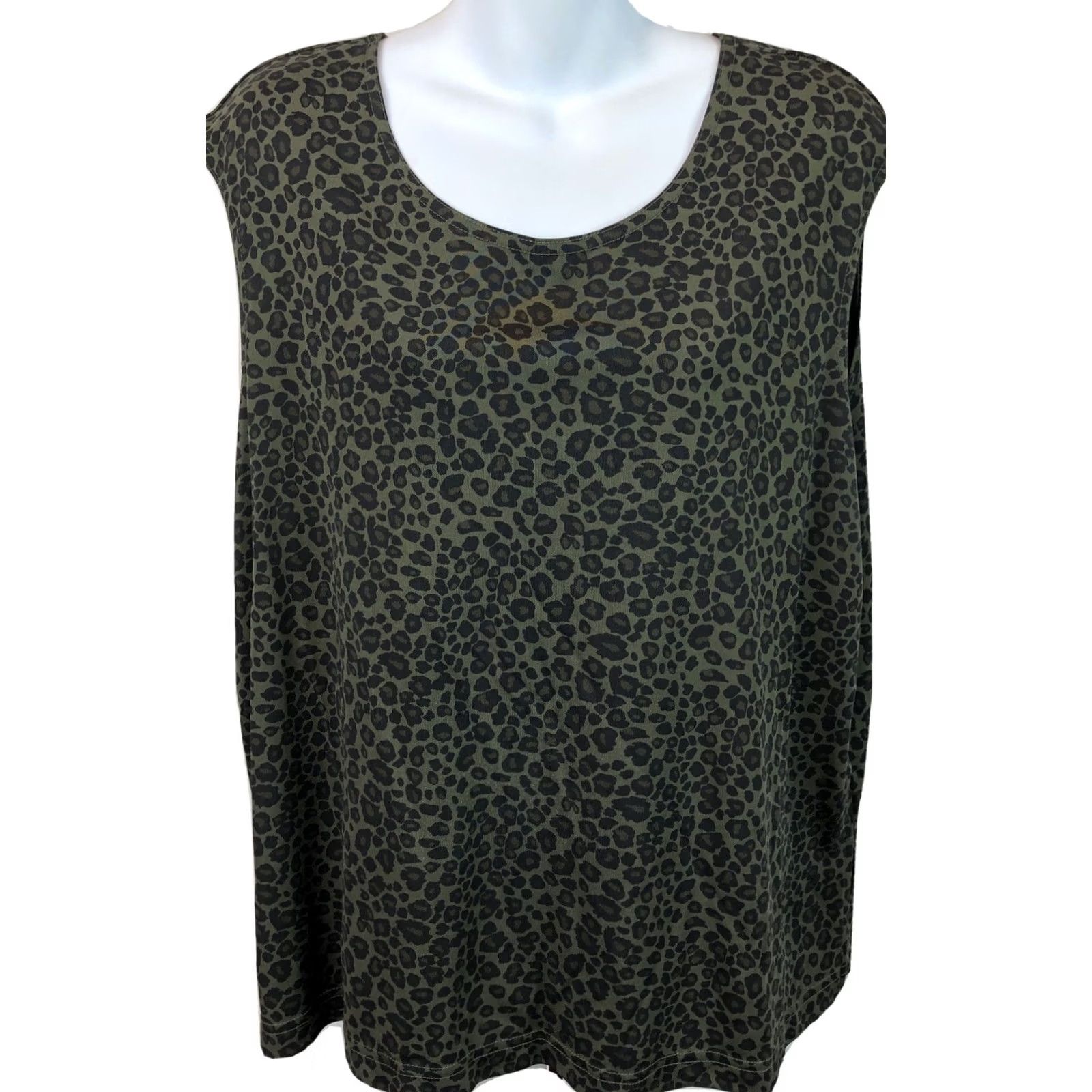Vintage Vintage Sleeveless Top 1X Green Leopard cheetah Scoopneck Rayon Knit 90s Glam Size XL / US 12-14 / IT 48-50 - 2 Thumbnail