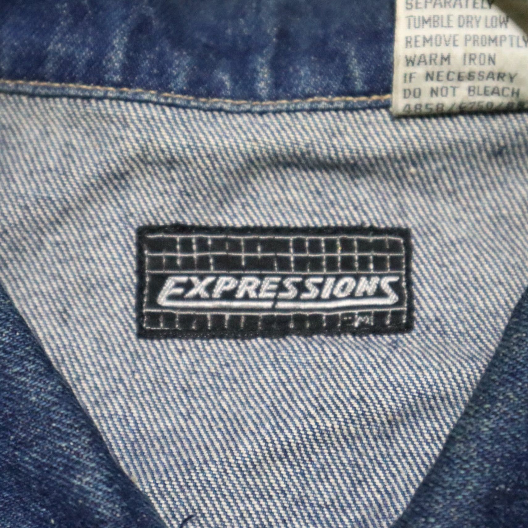 Vintage Expressions Denim Jacket Blue Jean Button Down Two Breast Pockets Leather Collar & Accents Mens Size M Vintage Classic Jean Jacket Size US 31 - 4 Thumbnail