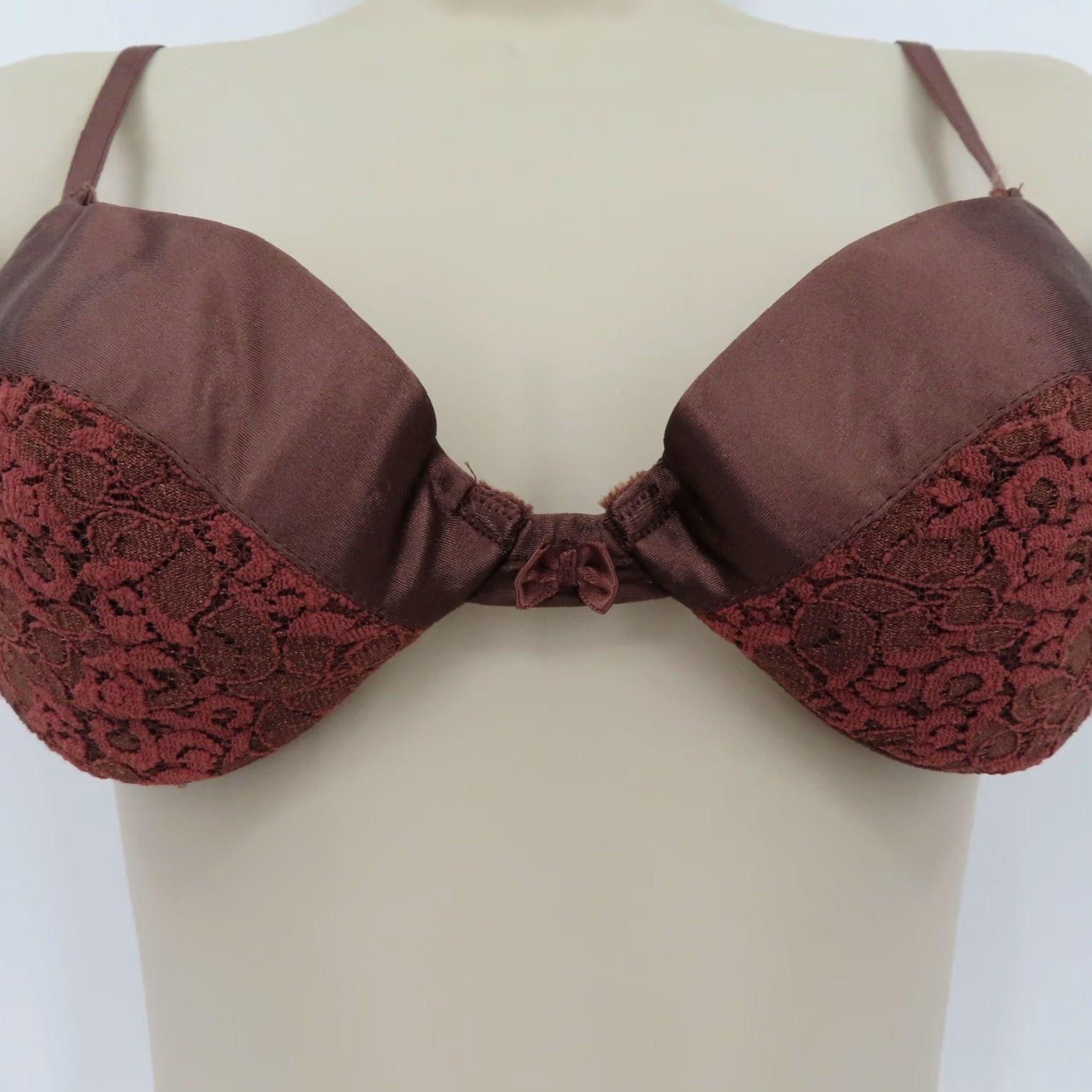 Vintage VTG Maidenform Bra 36B Rendezvous Underwire Padded Lace Brown Satin Bow Size ONE SIZE - 3 Thumbnail