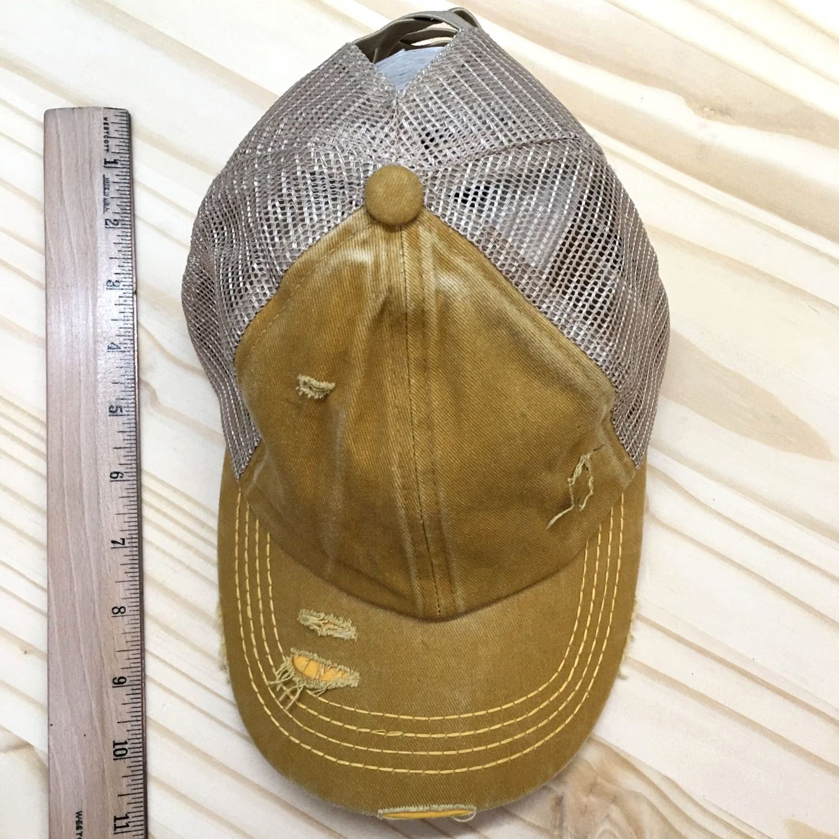 Vintage Womens Trucker Hat CC Exclusives Distressed High Ponytail Gold OS Cap Casual Adjustable Mesh Back Ready-to-Wear Size ONE SIZE - 3 Thumbnail