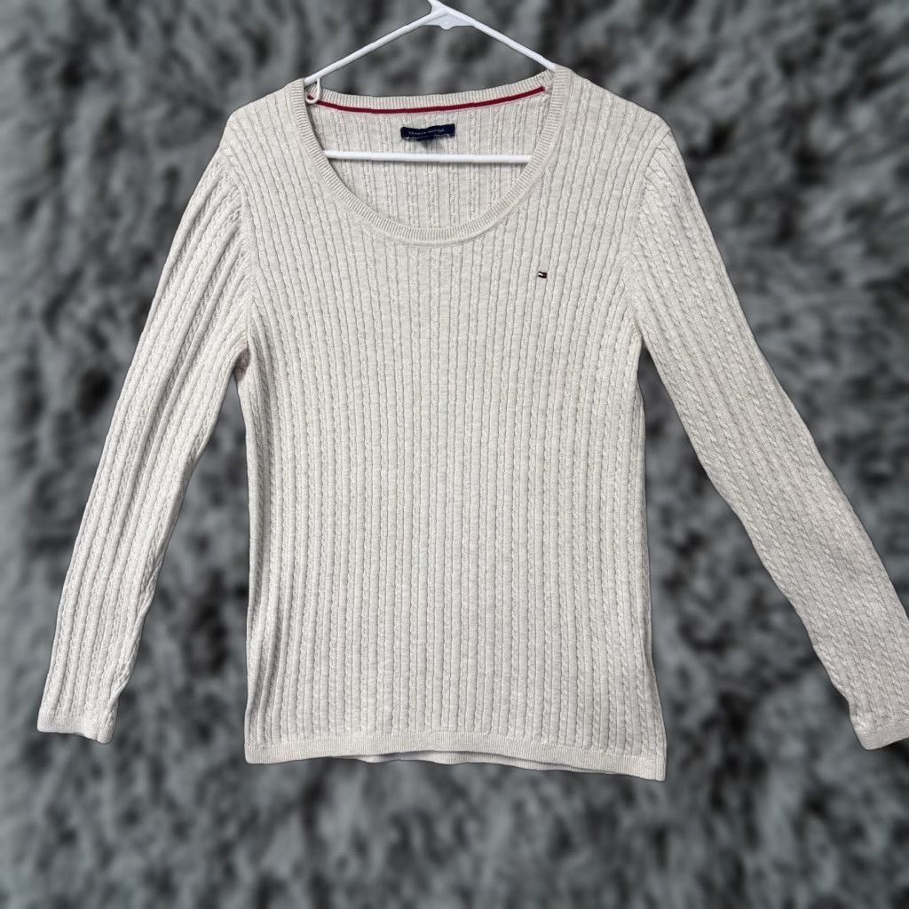 Tommy Hilfiger Tommy Hilfiger Sweater L Womens Beige Cable-Knit Raglan Long Sleeve Cotton Nylon Spandex Embroidered Logo Size L / US 10 / IT 46 - 1 Thumbnail