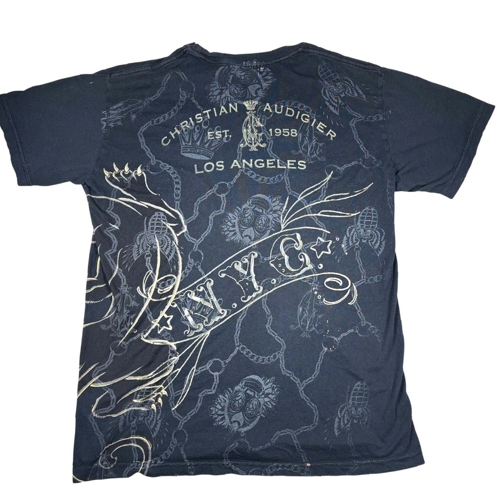 Vintage VINTAGE Christian Audigier Shirt XL Unisex Graphic Print T-Shirt with Rhinestone Boxing Gloves NYC Crown Panther USA Size US XL / EU 56 / 4 - 2 Thumbnail