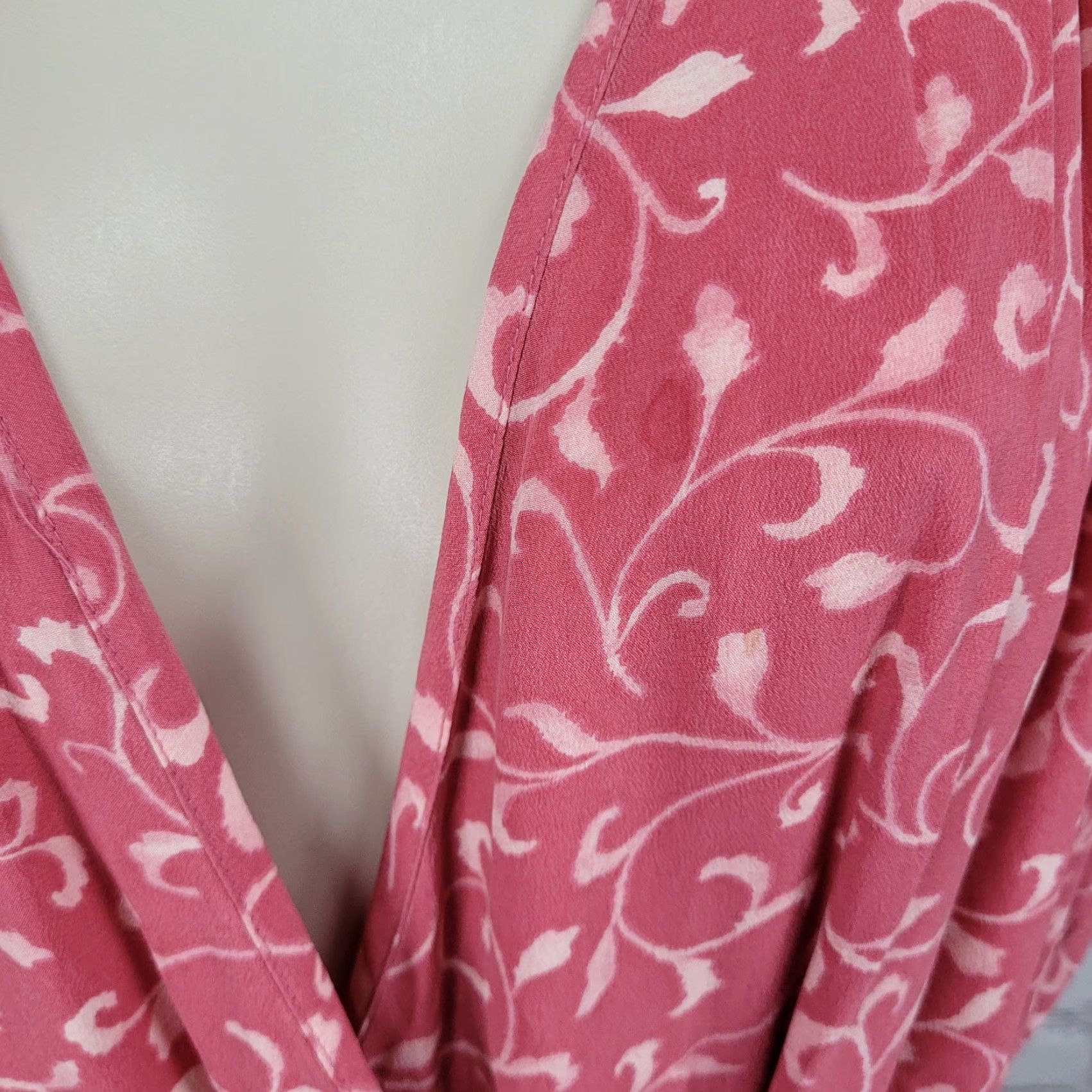 VINTAGE Papillon Pink 100% Silk Leaf Print Short Sleeve Belted Lined Wrap Dress 16