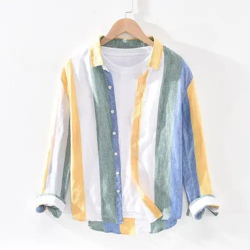 image of Striped Linen Long Sleeve Shirts For Men (Size Medium)
