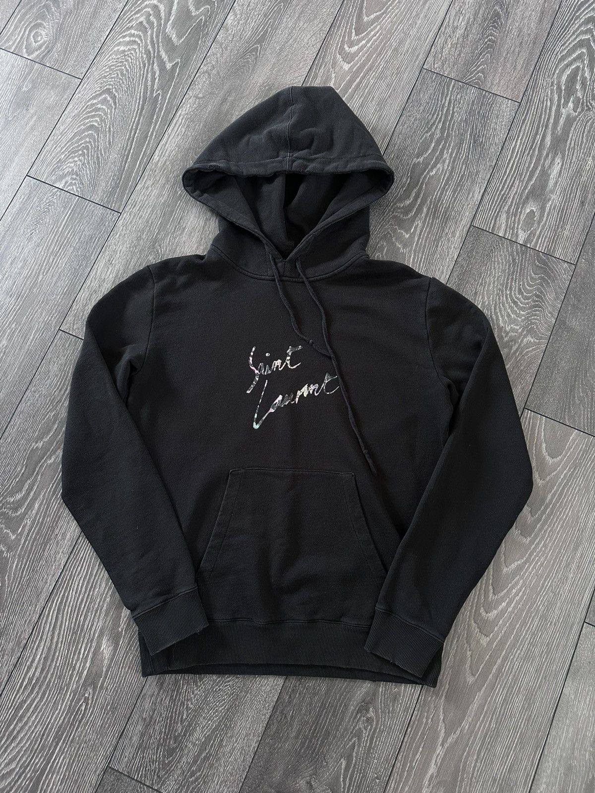 ★【SAINT LAURENT】 Logo Signature Cropped Hoodie★ Saint Laurent Signature Logo Cropped Hooded Sweatshirt In
