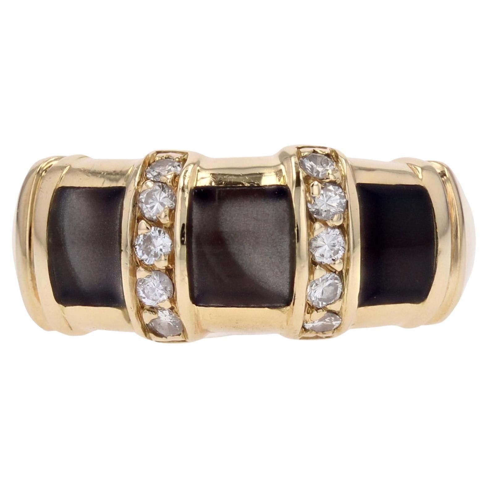 image of Vintage French Modern Diamond Black Enamel 18 Karat Yellow Gold Bangle Ring, Women's