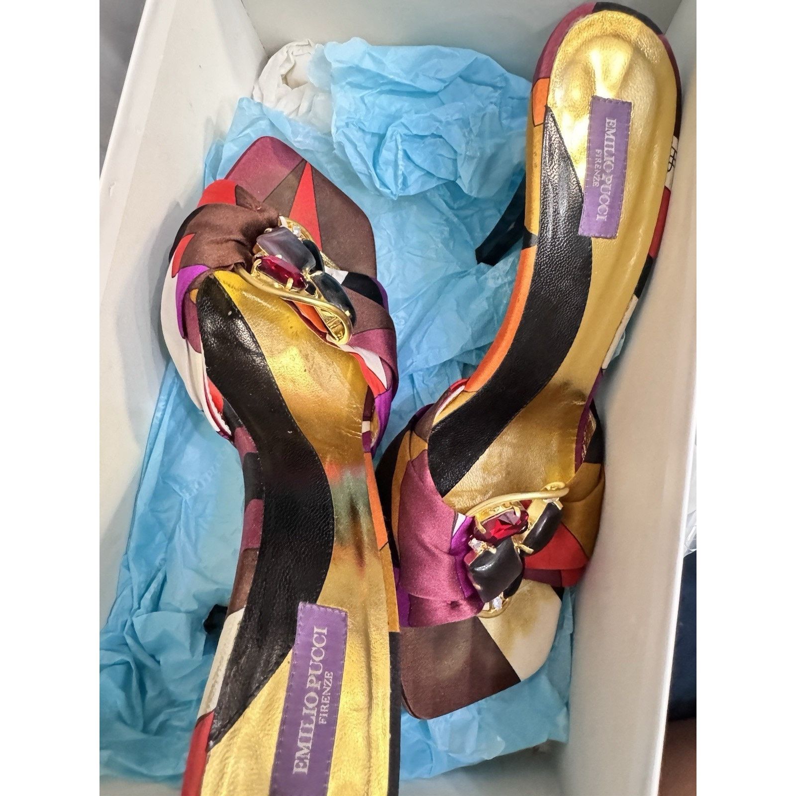 EMILIO PUCCI SATIN MULES SLIDES WITH RHINESTONE BROACH SZ 38