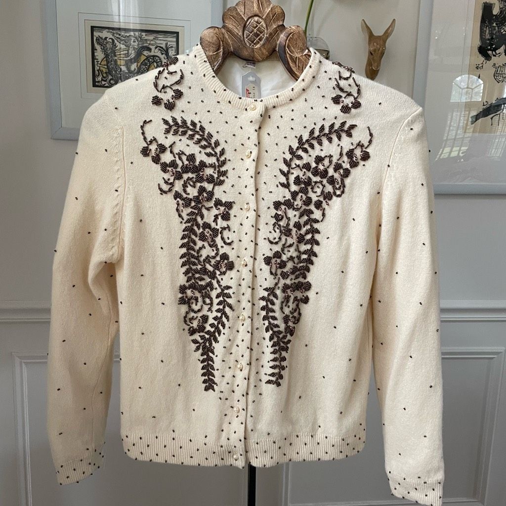 Vintage New NOS NWT Vintage 50s Beaded Pearl Button Cardigan Ivory B Size S / US 4 / IT 40 - 1 Thumbnail