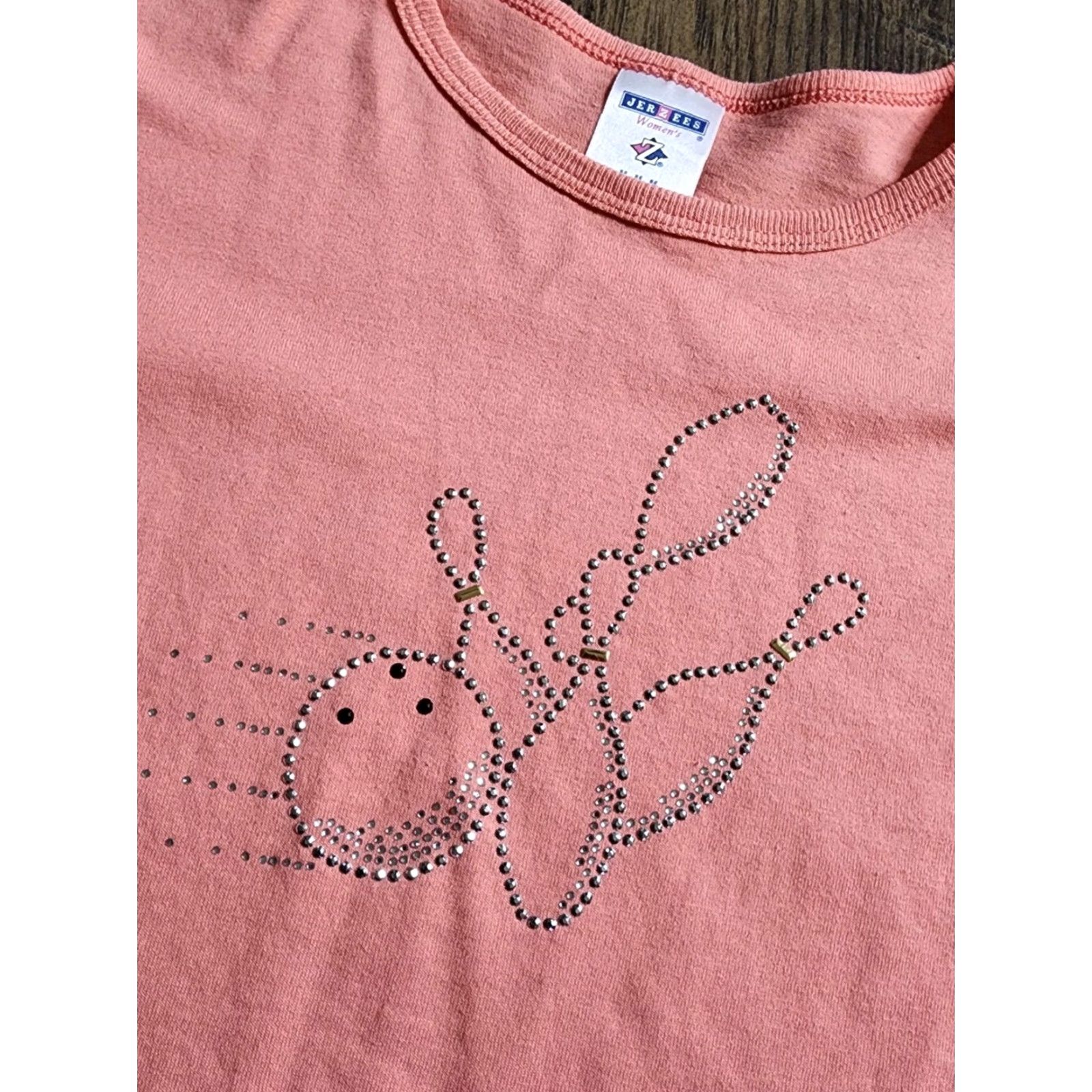 Jerzees VINTAGE Jerzees T-Shirt Womens 90s Bowling Rhinestone Peach Short Sleeve Round Neck M Bedazzled Shirt Womens Mens Girls Size M / US 6-8 / IT 42-44 - 4 Thumbnail