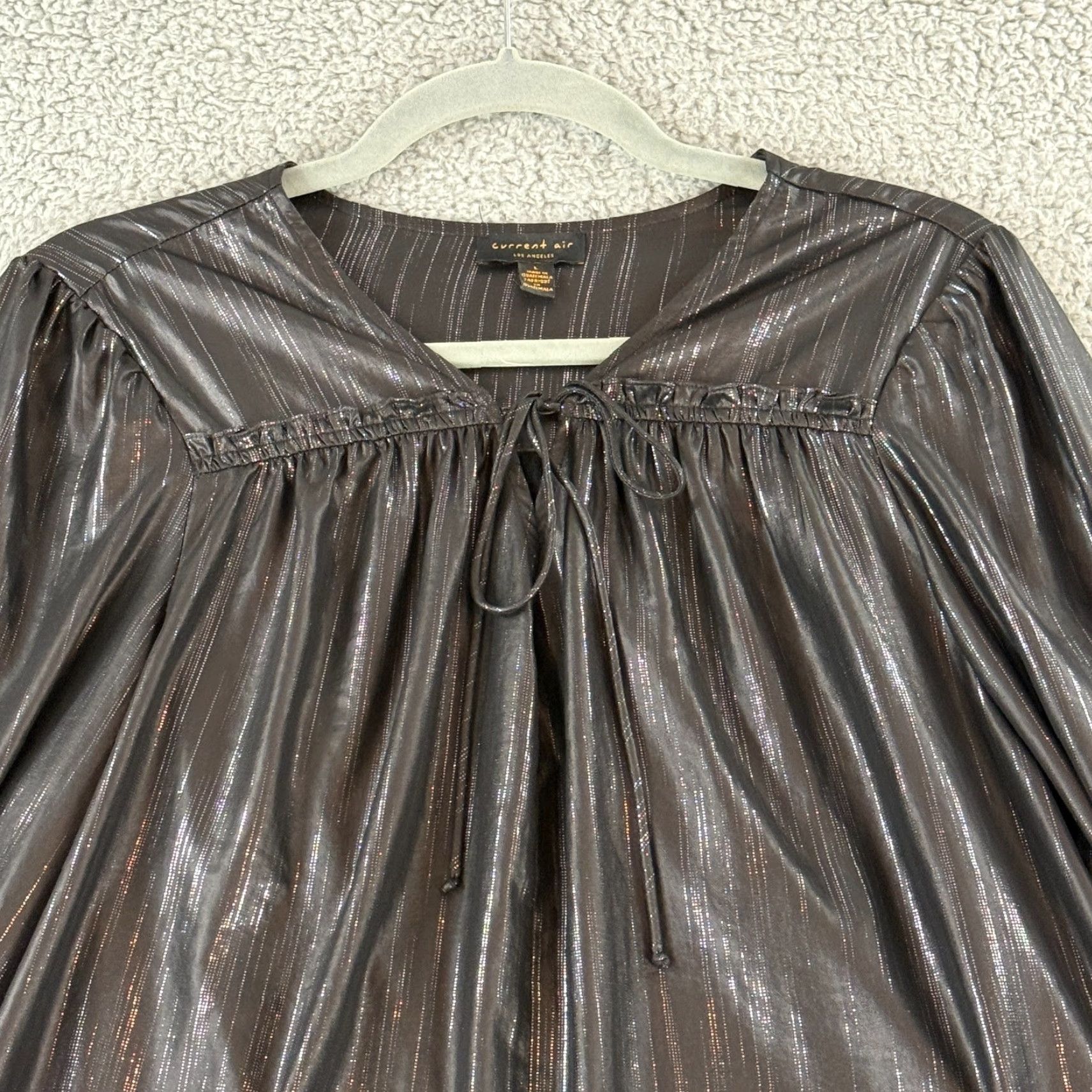 Vintage Current Air Top Womens Large Black Silver Metallic Long Sleeve Tie-Neck Flowy Blouse Size L / US 10 / IT 46 - 3 Thumbnail