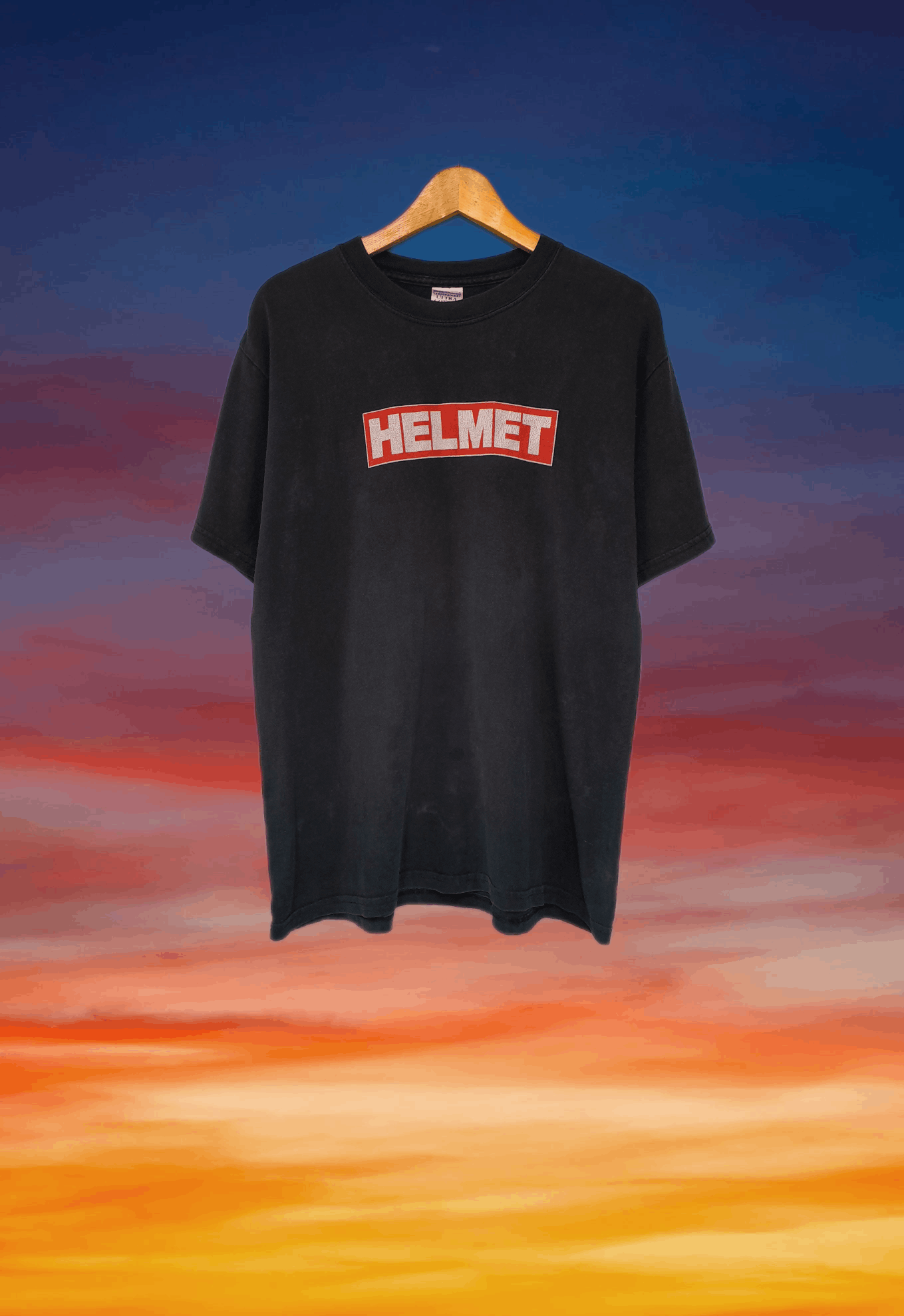 image of Gildan x Good Music Merchandise Vintage Helmet Band Box Logo T-Shirt in Black, Men's (Size Medium)