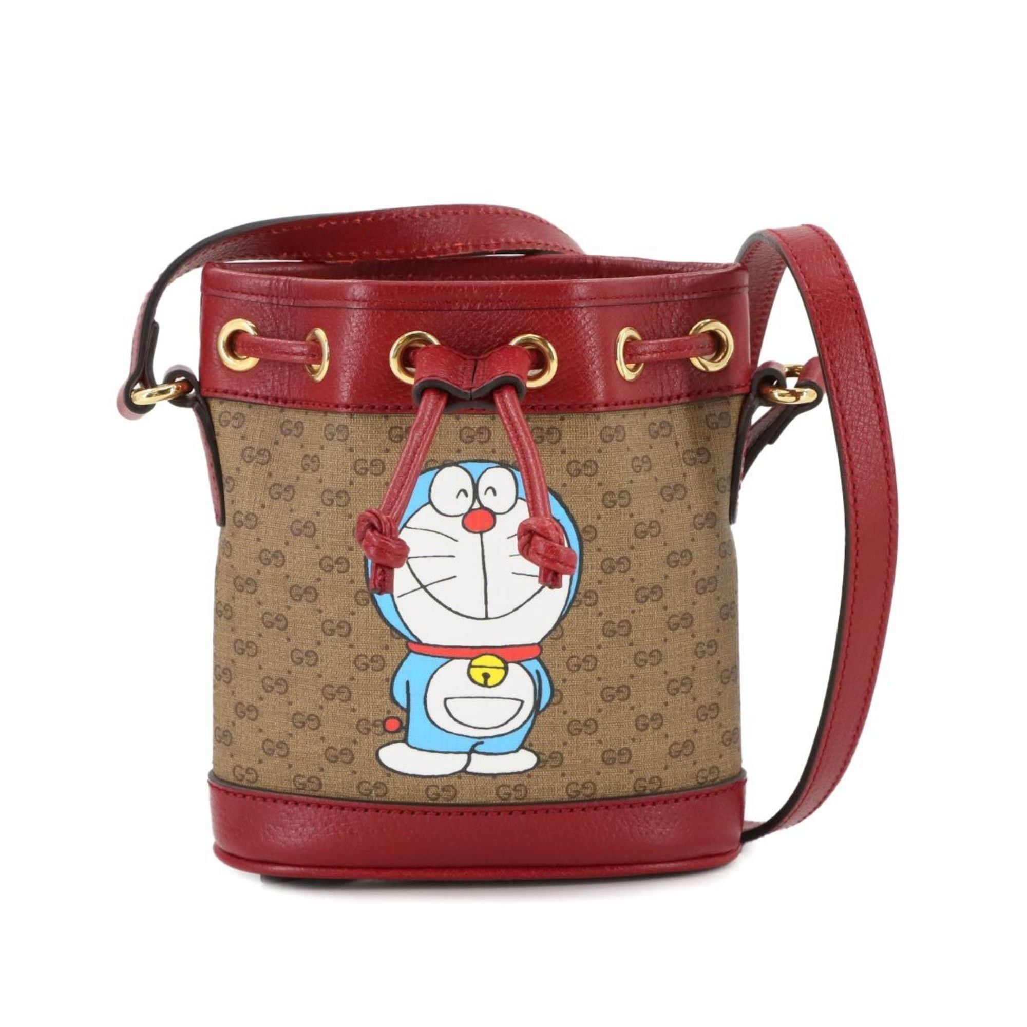 Gucci Doraemon Mini GG Supreme Bucket Bag Shoulder Brown Red 647801, Women's