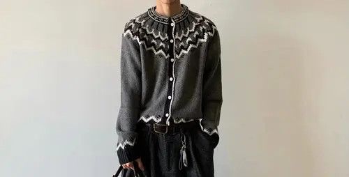 VIBE Stylish Gray Knit Cardigan with Traditional Pattern Size US M / EU 48-50 / 2 - 6 Thumbnail