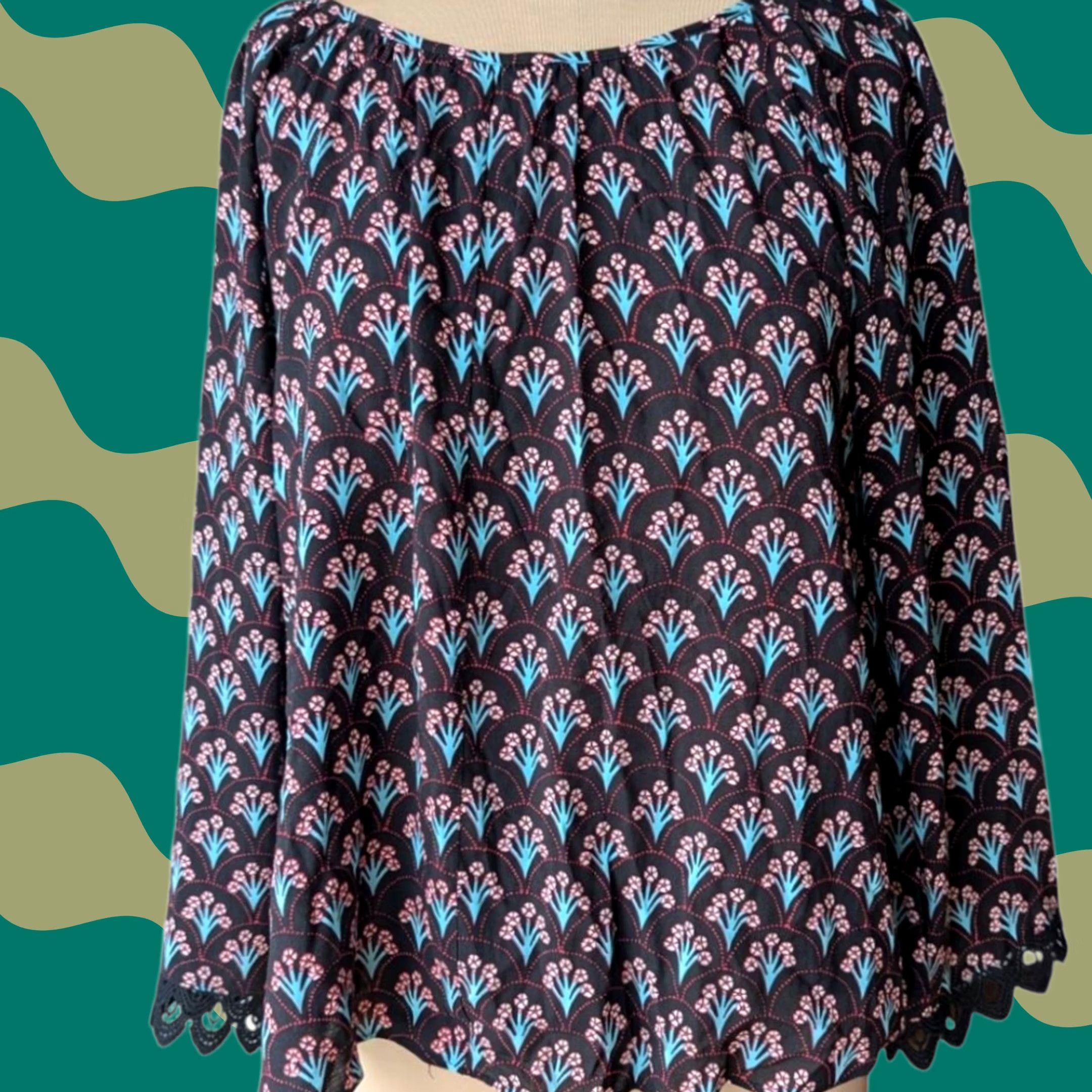 Pinko Floral Fan Print Blouse Top Black Pink Crochet Lace Trim Boho Sz XL Size XL / US 12-14 / IT 48-50 - 1 Thumbnail