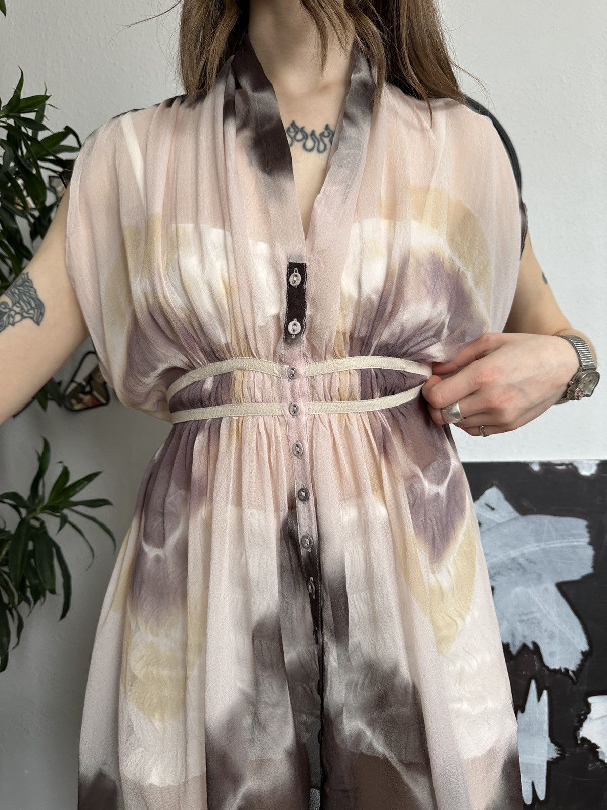 Allsaints × Vintage All Saints Tie-dye Dress Draped Silk Button up Beach Blouse Size L / US 10 / IT 46 - 3 Thumbnail