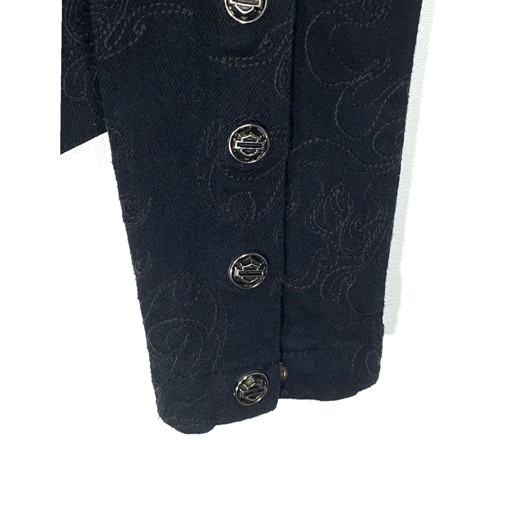 Harley Davidson VINTAGE Harley Davidson Jacket Women XS Black Denim Biker Grunge Embroidered Zipper Slip-On Short Sleeve? Size XS / US 0-2 / IT 36-38 - 7 Thumbnail
