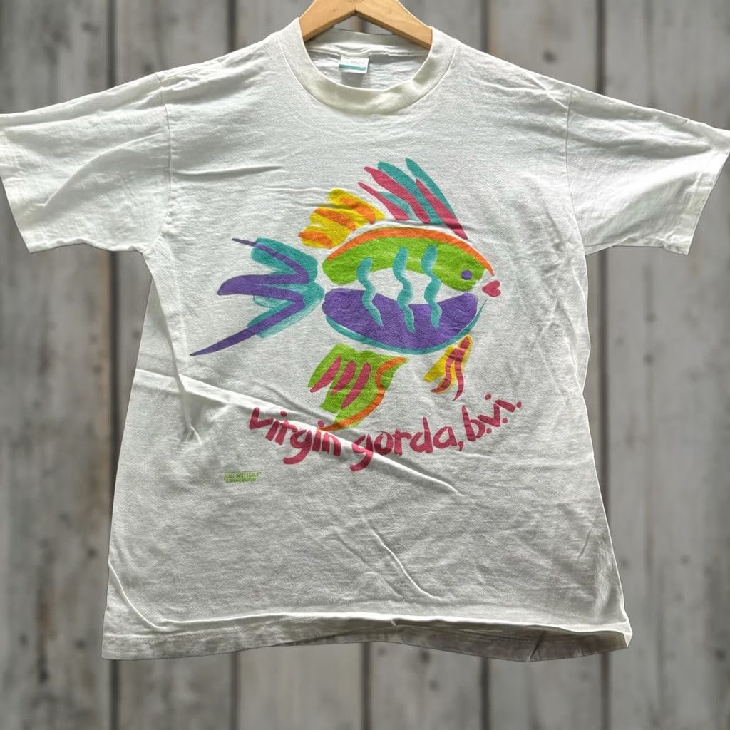 Vintage On White Mens L White Virgin Gorda B.V.I. Fish Graphic Tee Crewneck Shirt Size US L / EU 52-54 / 3 - 1 Thumbnail