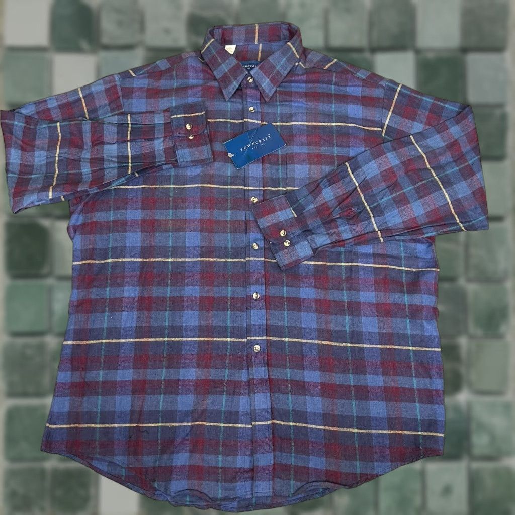 VINTAGE Towncraft Shirt XL Blue Plaid 1980s Short Sleeve Cotton NOS New with Tags