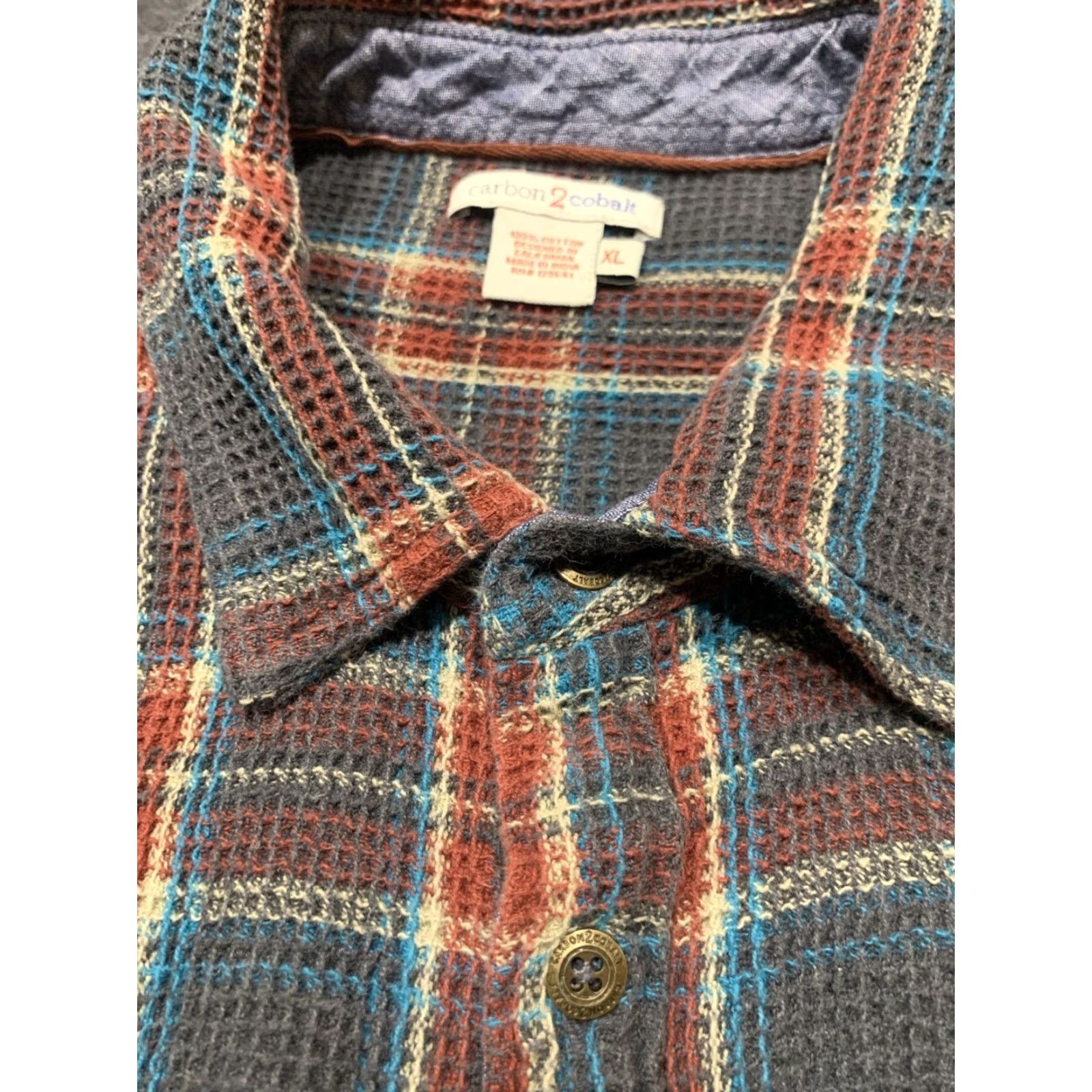 Carbon Carbon Plaid Waffle Knit Long Sleeve Button-Up Shirt XL Multicolor Mens Size US XL / EU 56 / 4 - 6 Thumbnail