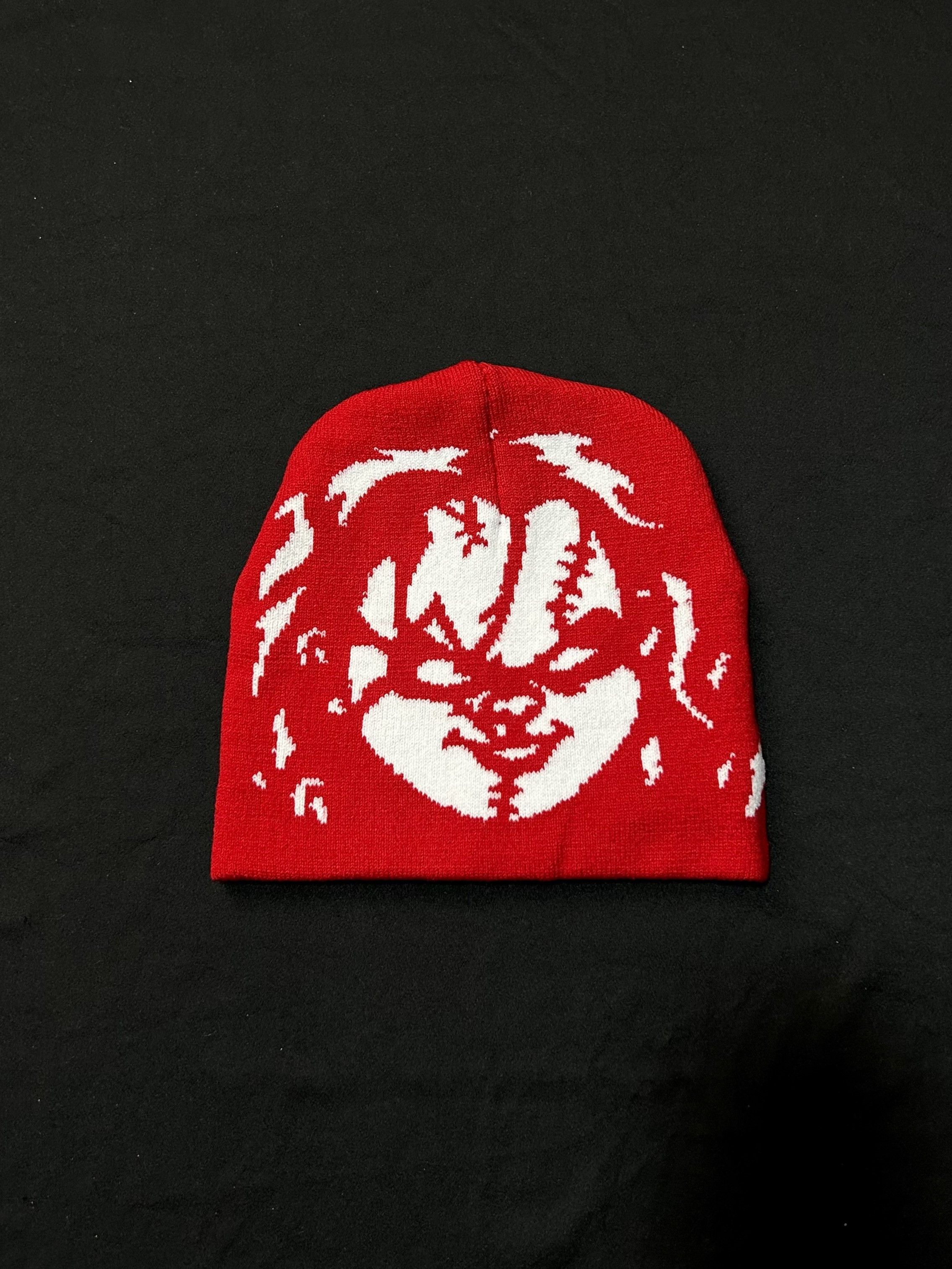 Japanese Brand Rare Chunky Graphic No Cuff Knit Red Beanie Hats OS Size ONE SIZE - 1 Thumbnail