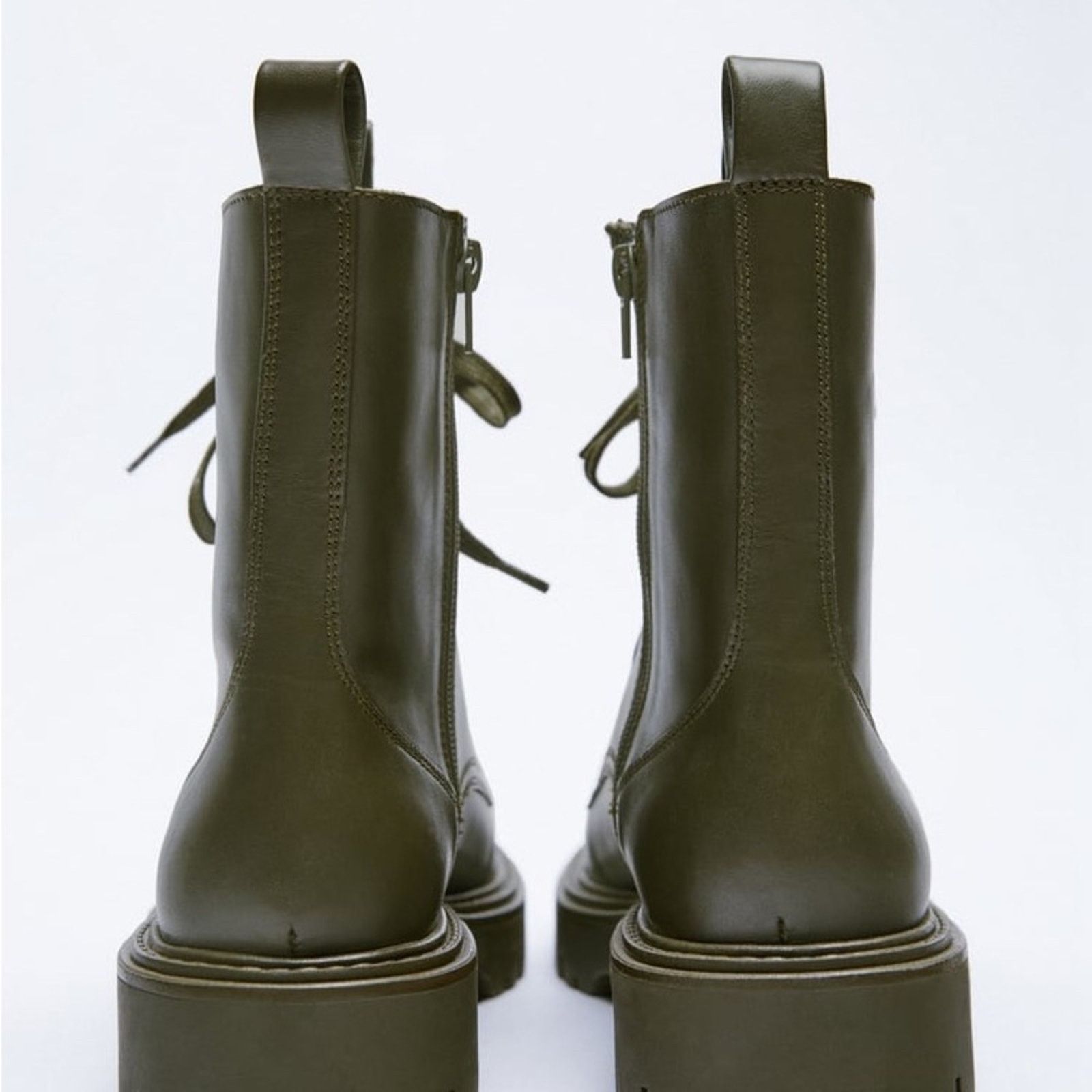 Zara ZARA LOW HEEL LACED LEATHER ANKLE BOOTS KHAKI GREEN Size US 6.5 / IT 36.5 - 5 Thumbnail