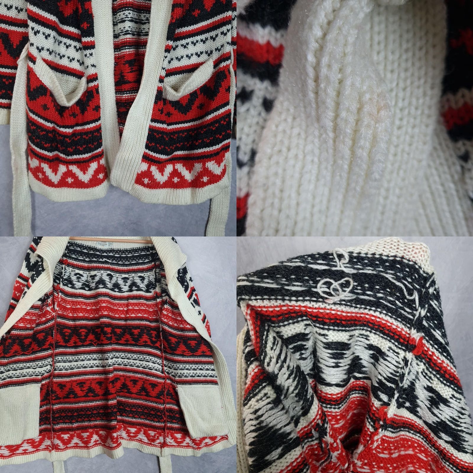 Vintage VINTAGE Cardigan Sweater Womens Large Belted Nordic Heart Collared 80s Fair Isle Knit Red Cream Size L / US 10 / IT 46 - 9 Thumbnail